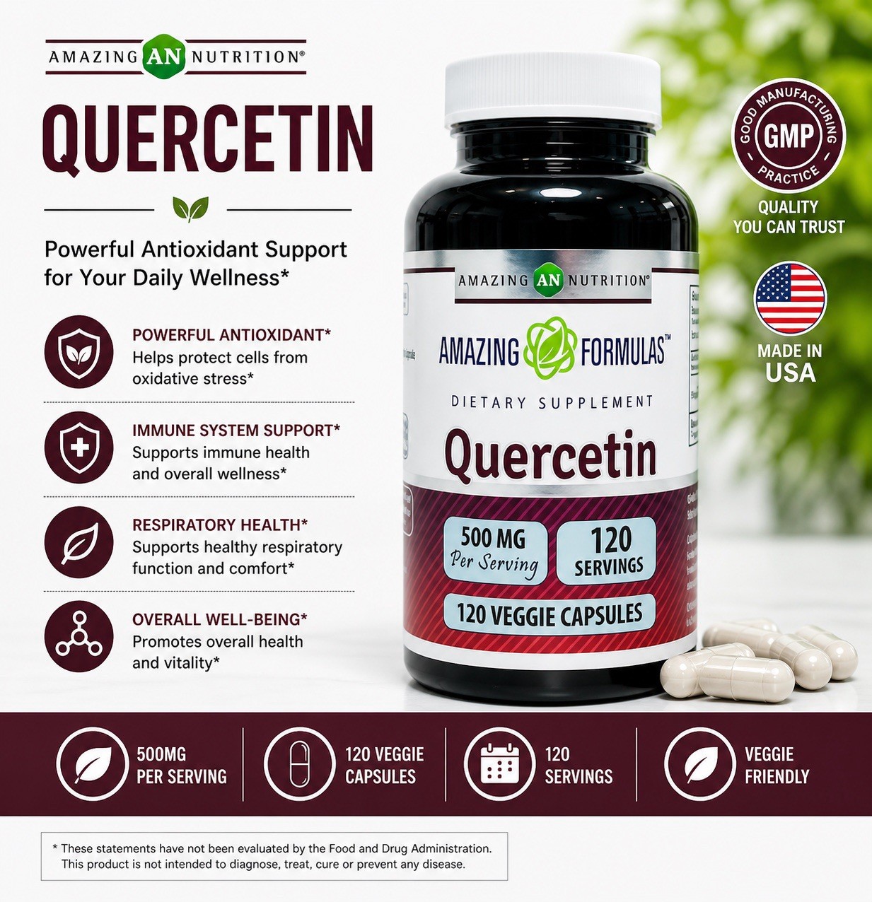 Amazing Formulas Quercetin 500 mg 120 Veggie Capsules Dietary Supplement