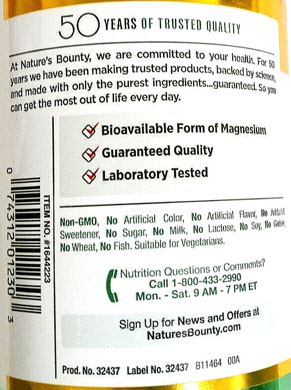Nature’s Bounty Magnesium Glycinate 240 mg Muscle Relaxation 180 ct EXP 10/2026
