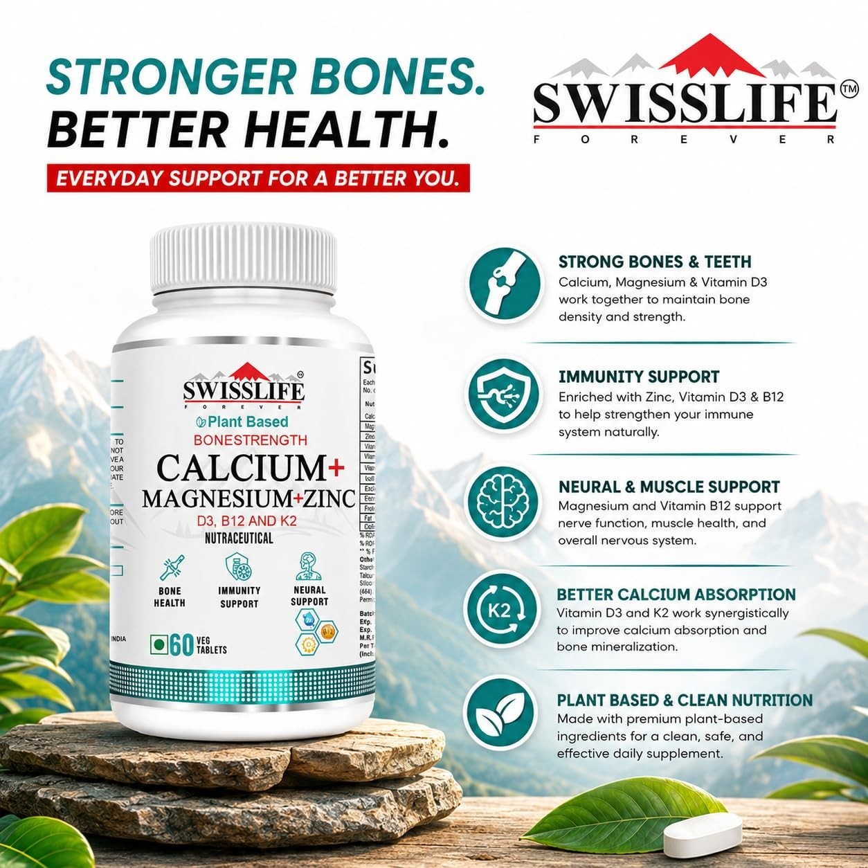5 Pack SWISS.LIFE Forever Calcium Magnesium Zinc D3 K2 B12