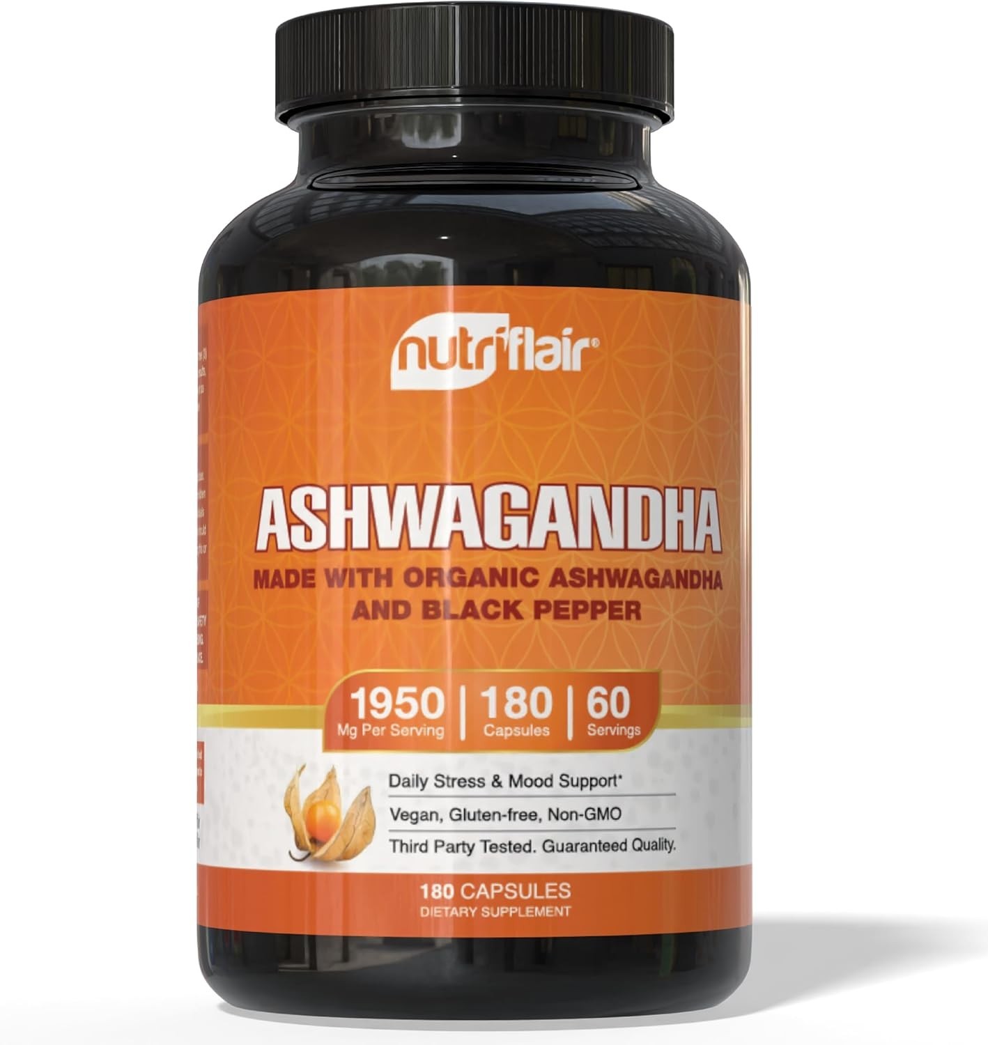 Certified Organic Ashwagandha with Black Pepper – 180 Capsules for Stress Relief