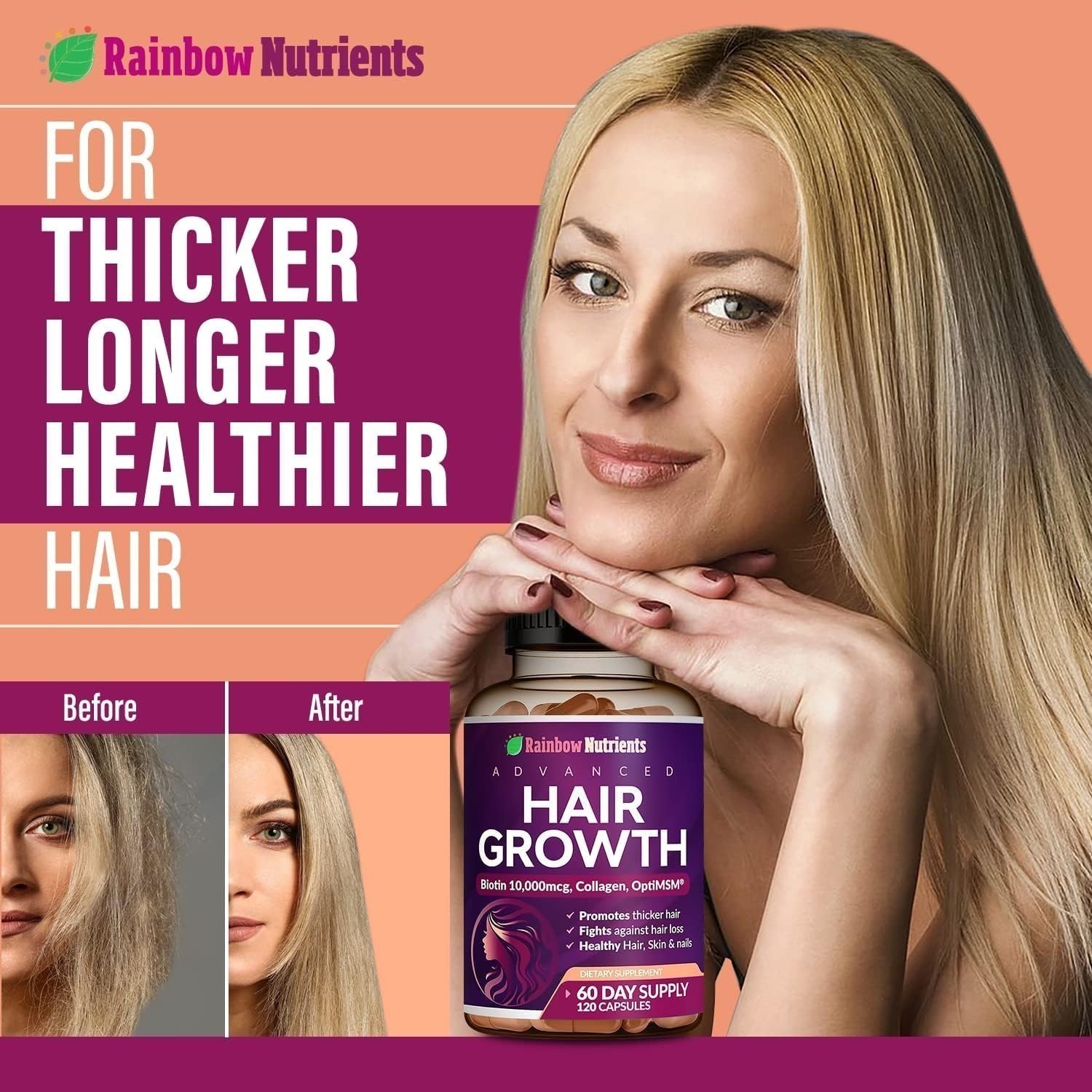 Rainbow Nutrients Hair Growth Vitamins w/ Biotin 10,000mcg &Collagen 120Capsules