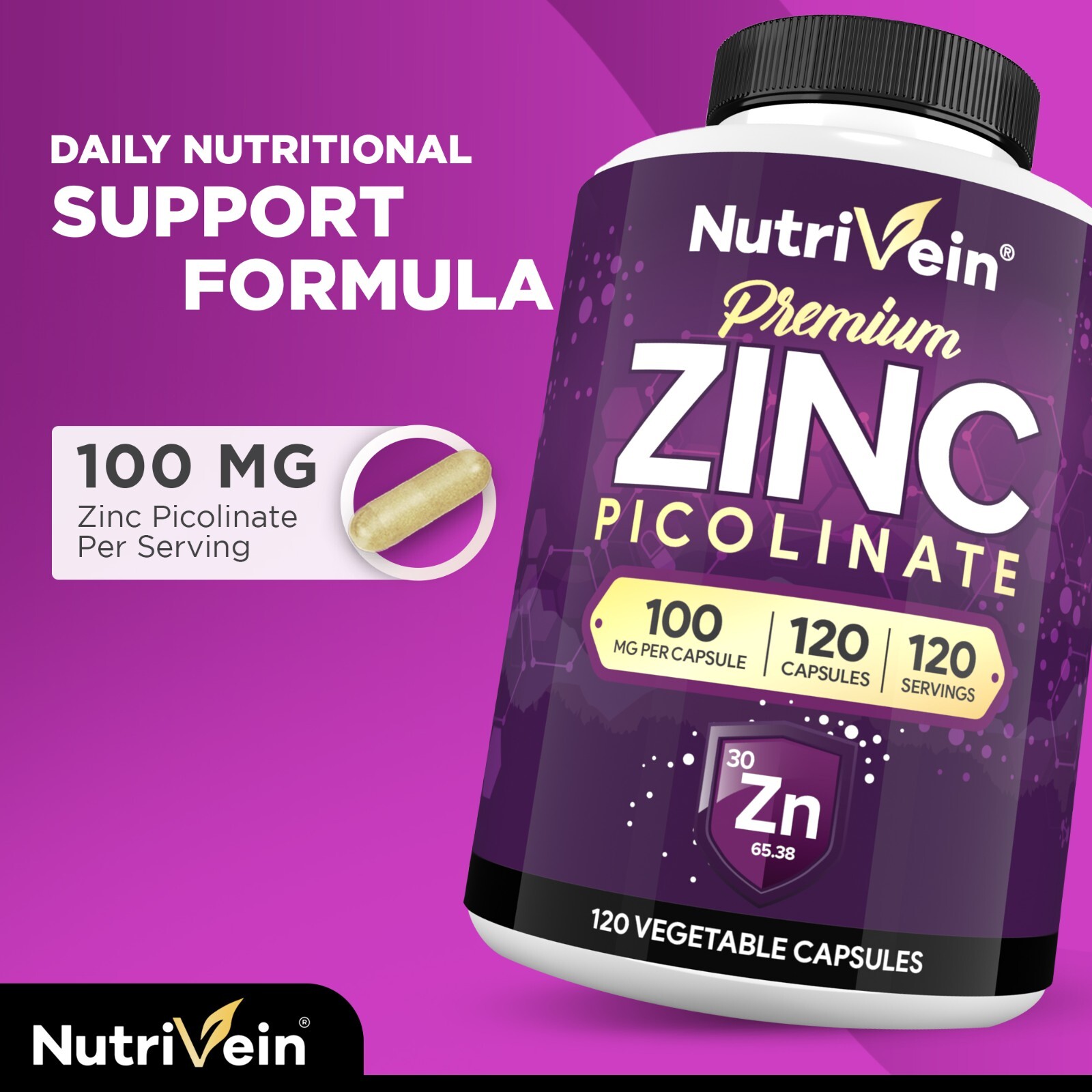 Nutrivein Zinc Picolinate 100mg – 120 Capsules – Immunity Defense Max Strength