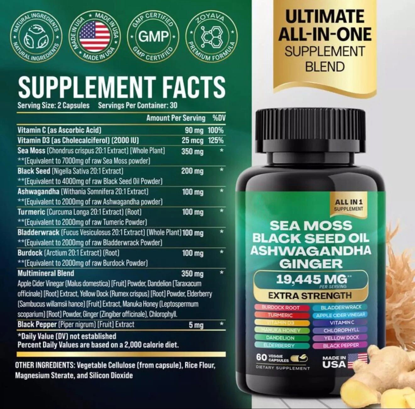 Sea Moss Black Seed Oil Ashwagandha Turmeric Ginger 16-in-1 Multivitamin 60Ct US