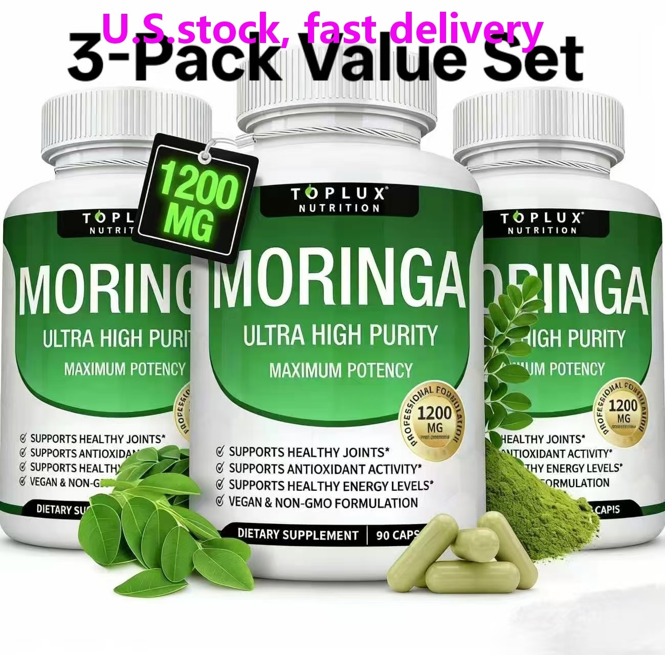 Toplux Moringa Capsules – 3-Pack – 1200mg – 270 Capsules – Vegan, Non-GMO