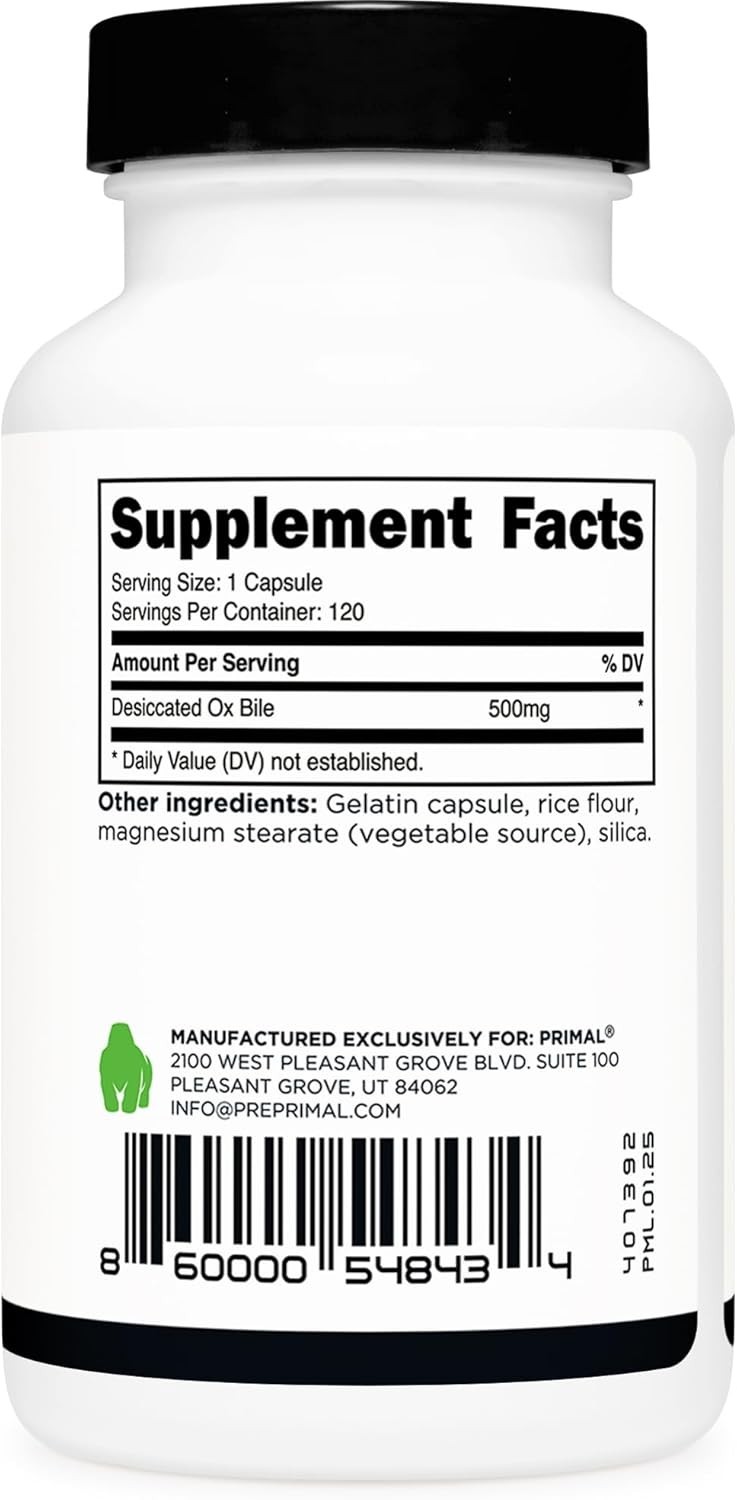 Ox Bile 120 Capsules, 500 MG per Serving – Gluten-Free, Non-GMO, Third-Party …