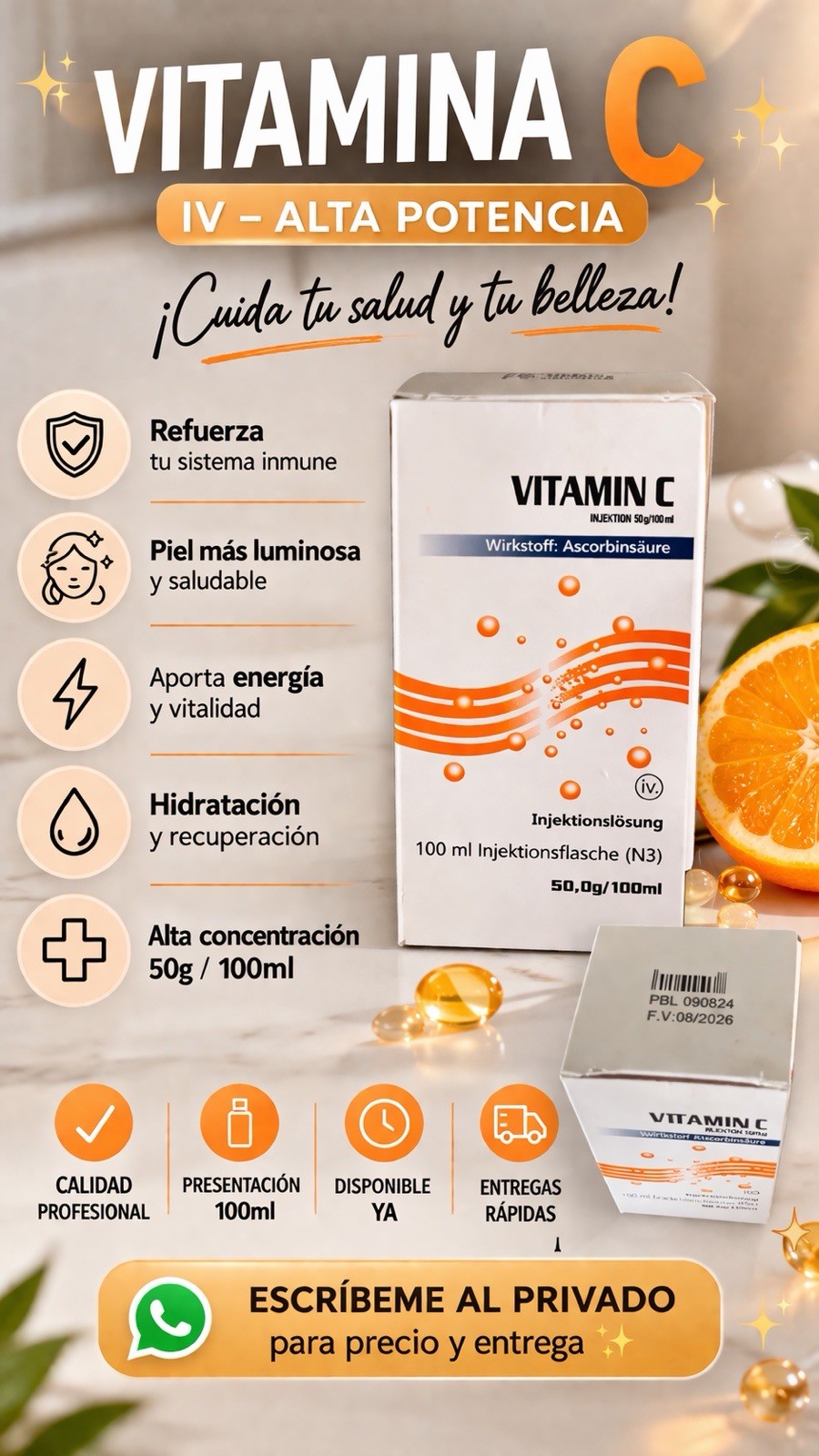 High Potency Vitamin C (Ascorbic Acid) Liquid 100ml Immune, Energy, Hydration