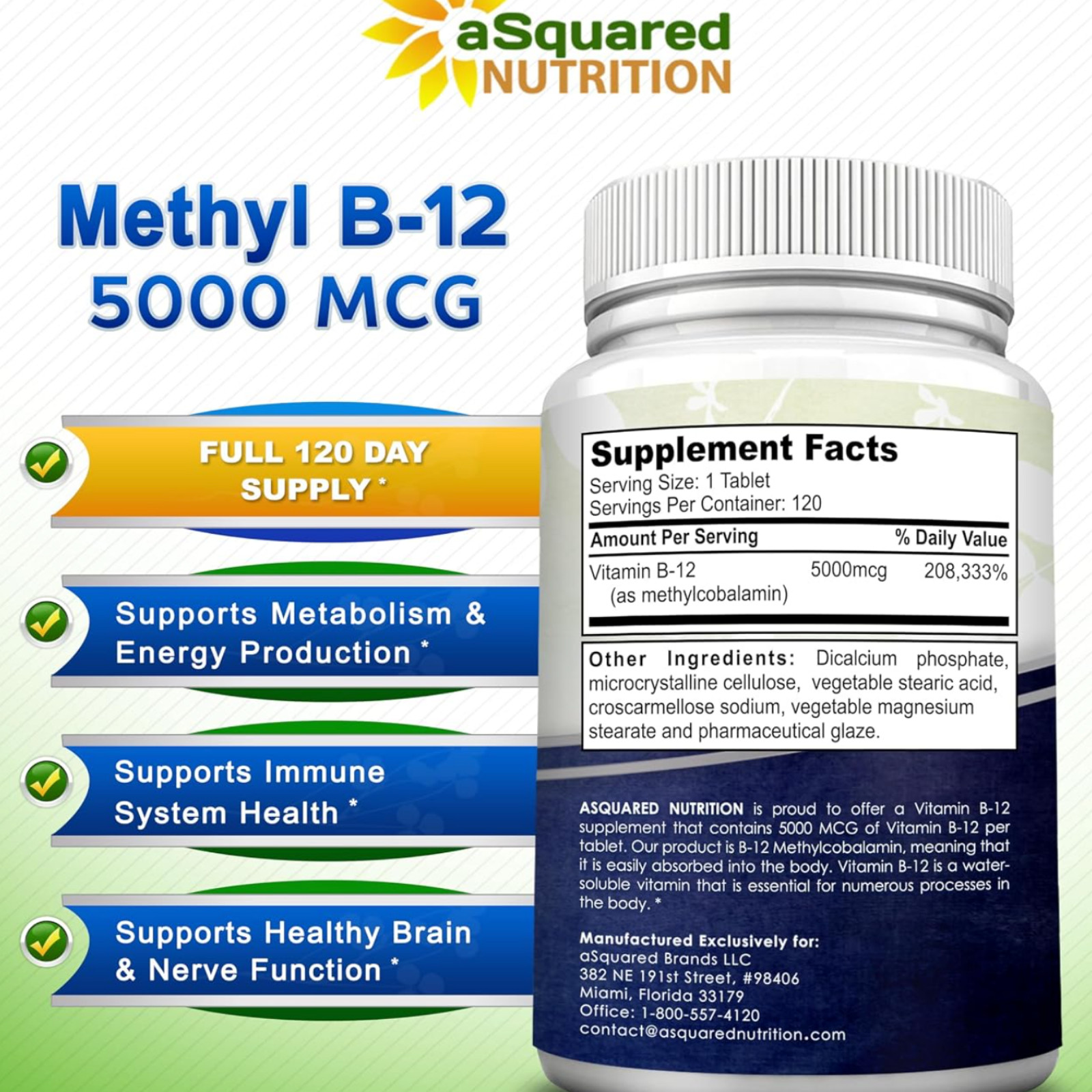 Vitamina B12 5000 MCG | Aumenta la energía, apoya la función cerebral y cardíaca