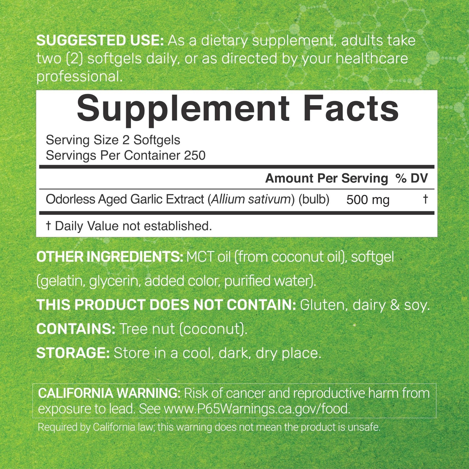 Odorless Aged Garlic Softgels 500 Count with MCT Oil – Non-GMO, 2-Year Extract