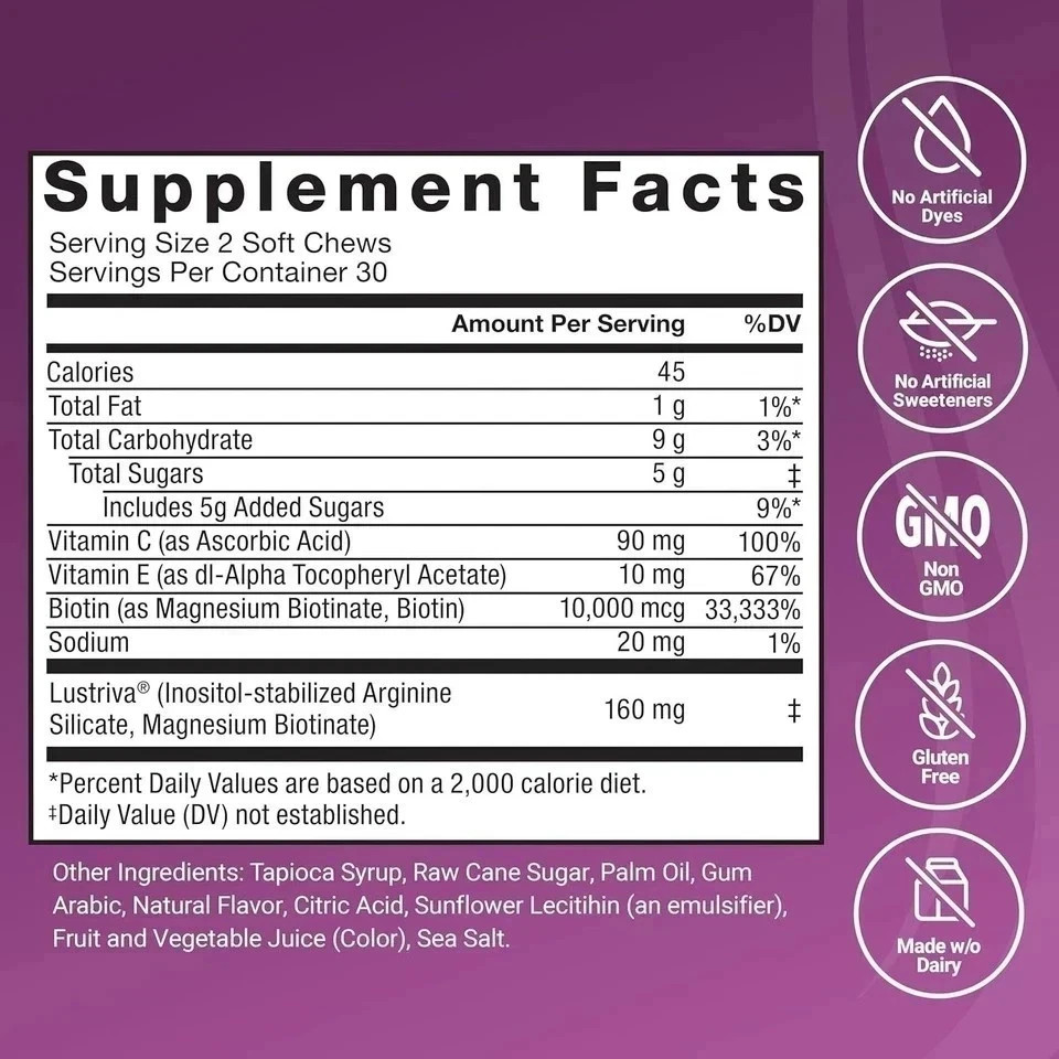 Hair Growth Accelerator Lustrav Soft Chews Mixed Berry 60 Count