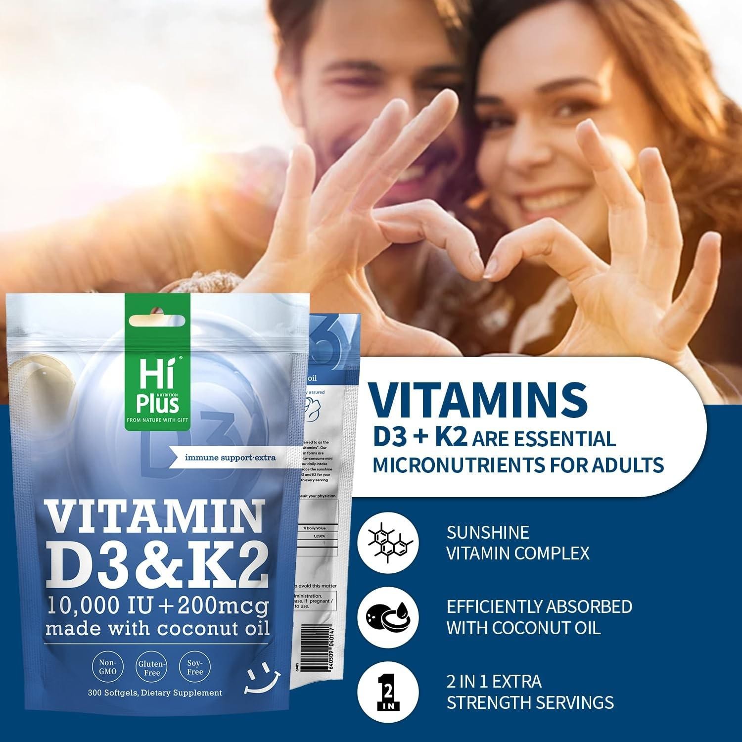 Hiplus Vitamin D3 10,000 Iu + K2 200 Mcg, 300 Softgels 300 Count (pack of 1)