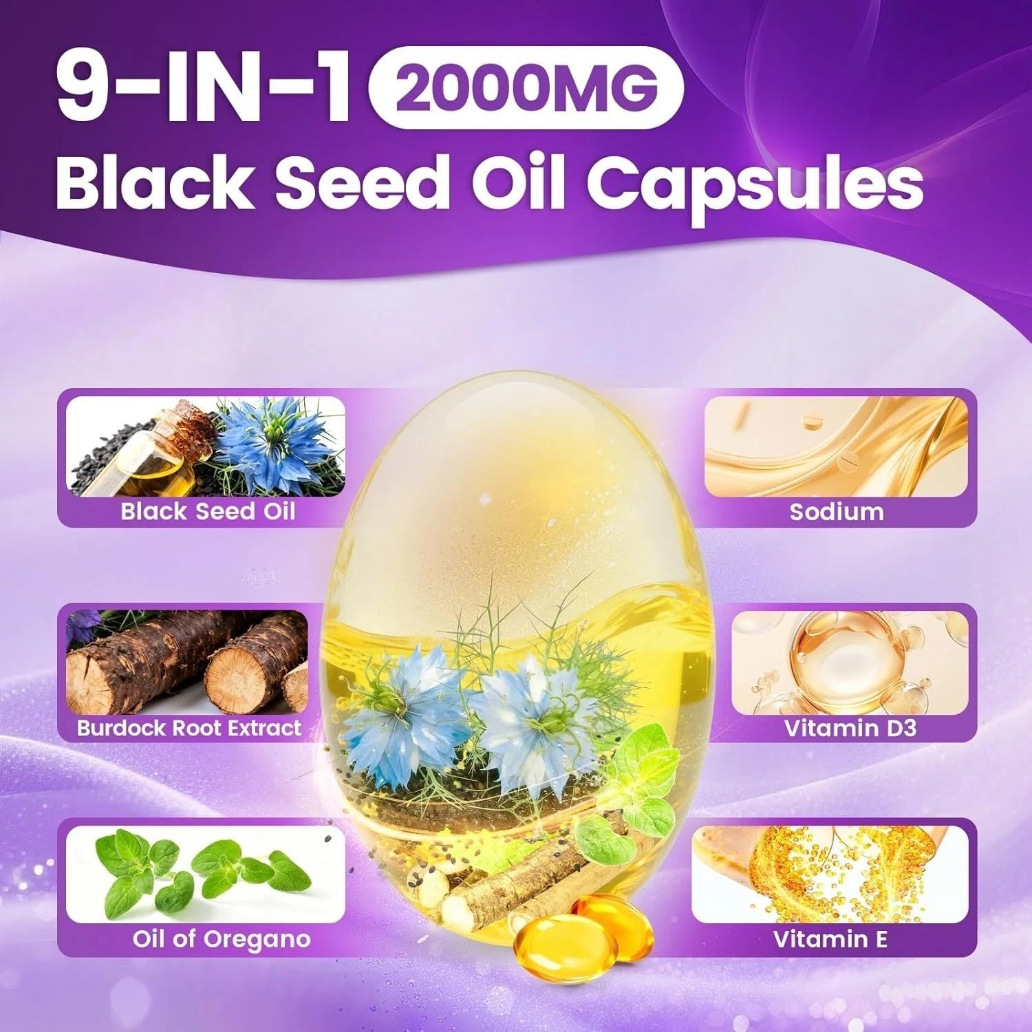 2 Pack Black Seed Oil Capsules,6000mg,300 Count Oil of Oregano,Burdock Root,E&D