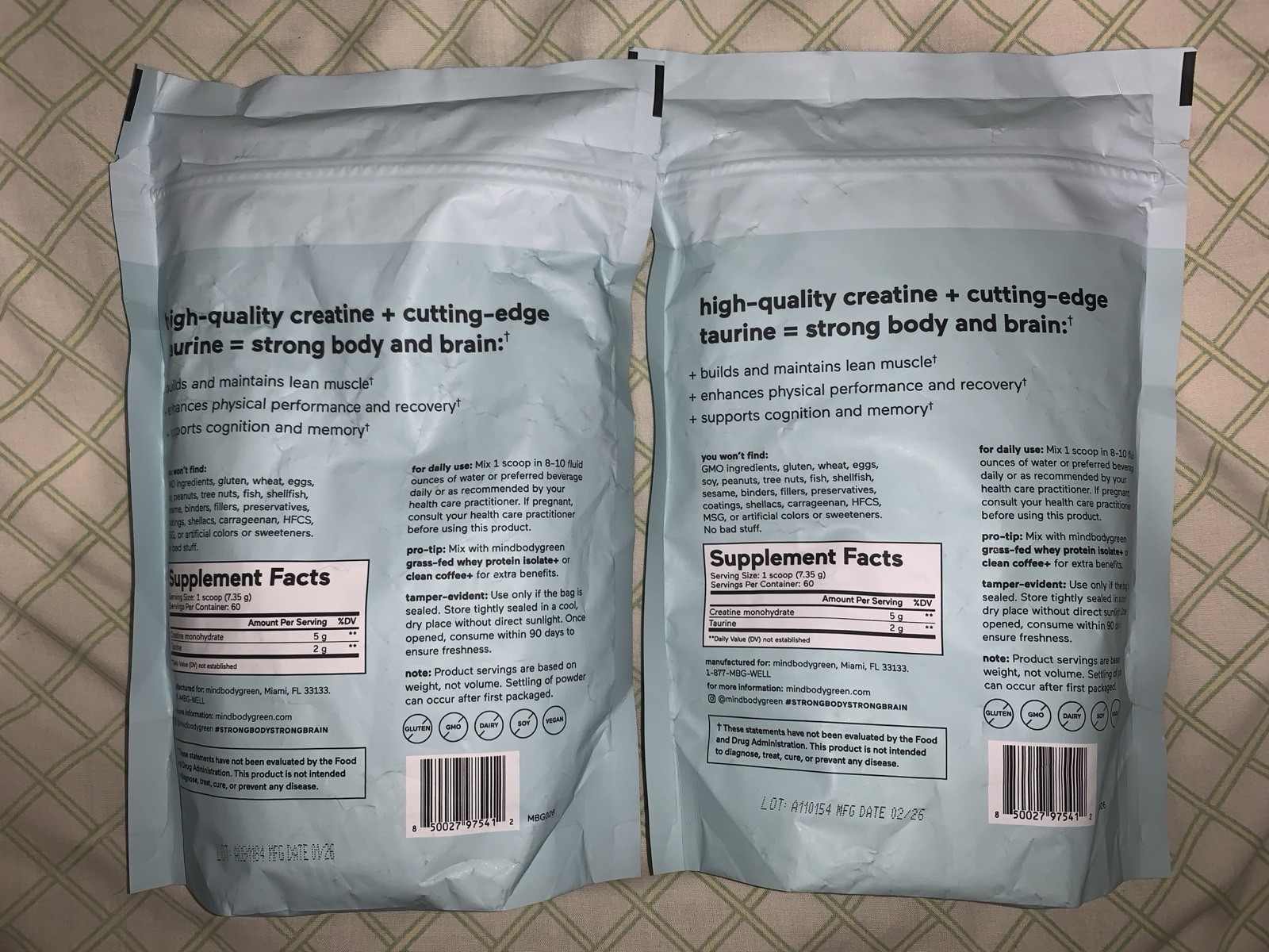 2 Units mindbodygreen Creatine+ with Taurine 60 Servings (total 120) Powder Bag