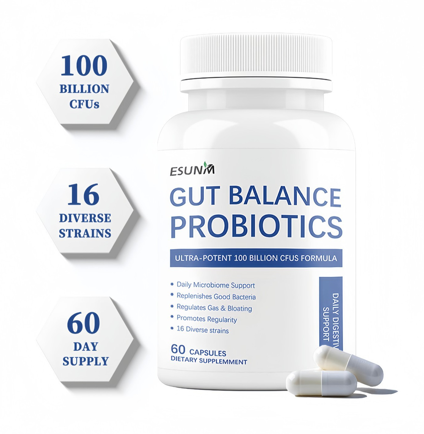 ESUNM 100 Billion Probiotics – For Digestive & Gut Health Supplement – 60ct