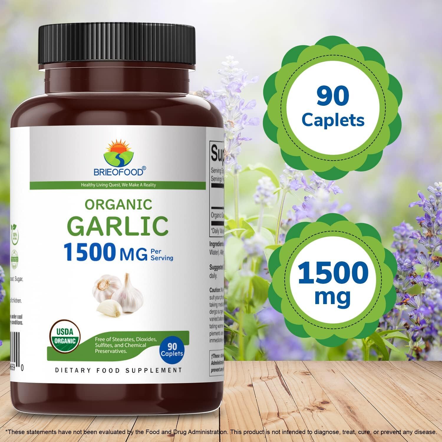 Organic Garlic 1500Mg, 45 Servings, Vegetarian, Gluten Free, 90 Vegetarian Table