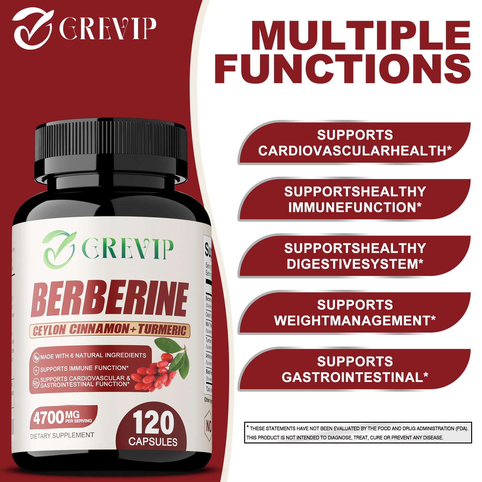 Berberine HCI 4700mg – Blood Sugar Balance & Control – Ceylon Cinnamon, Turmeric