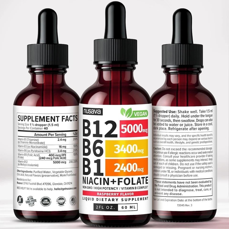 NUSAVA Vitamin B12 Drops – 3 Pack – 5000mcg – Raspberry – 80 Servings