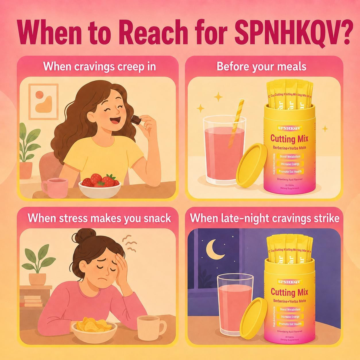 SPNHKQV Cutting Mix Berberine + Yerba Mate, Strawberry Açaí Blend, 30 Stick Pack