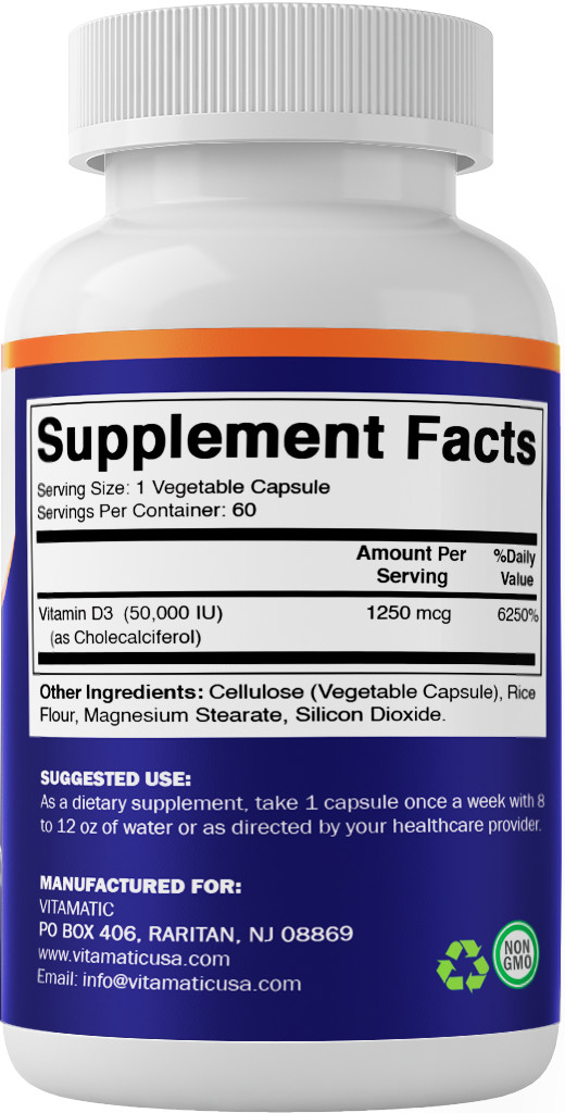 3 Pack – Vitamatic Vitamin D3 50,000 IU (as Cholecalciferol) 60 Veggie Capsules