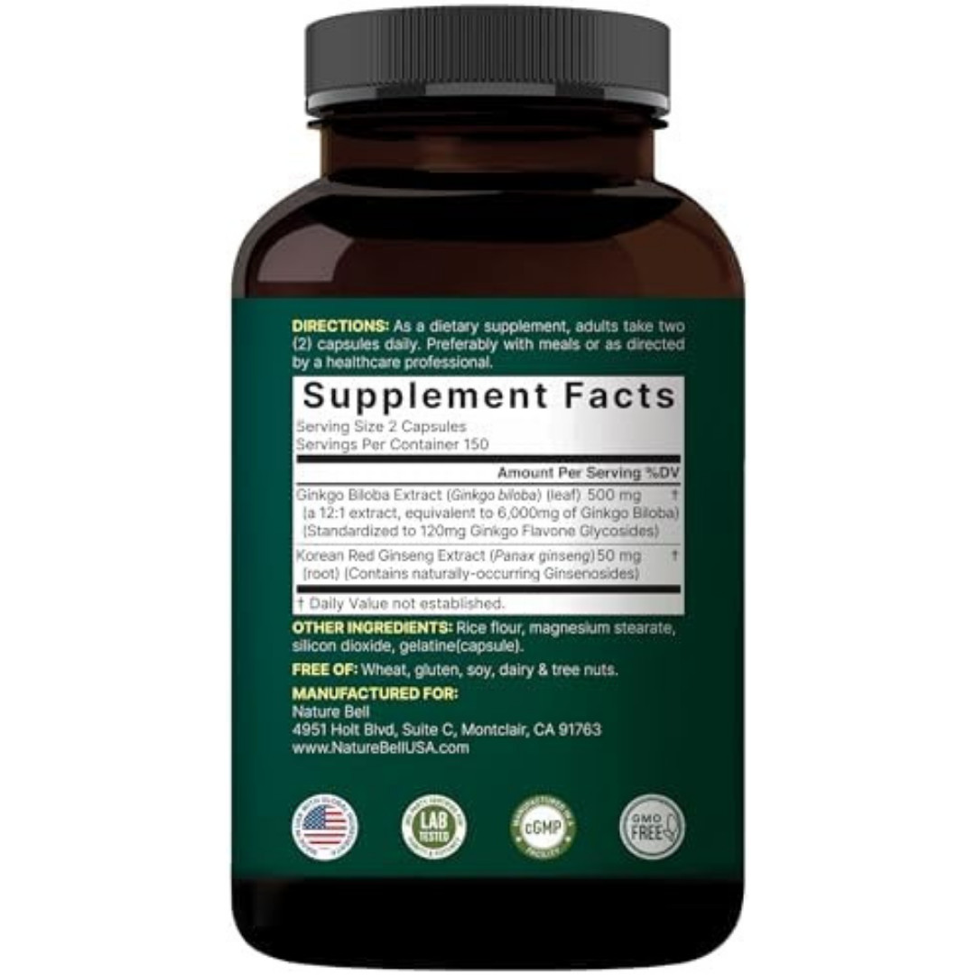 300 Caps Ginkgo Biloba 6000mg w/Red Panax Ginseng for Memory Focus Brain Health