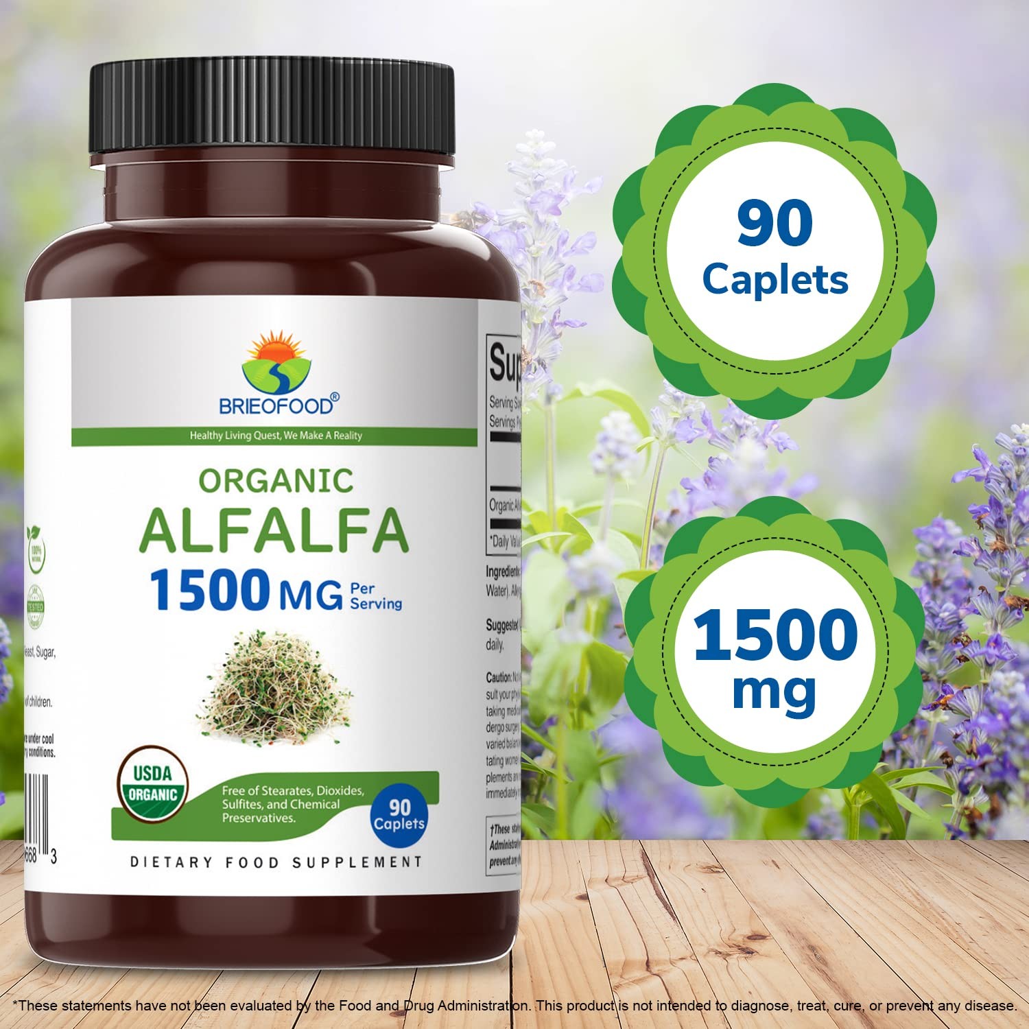 Brieofood Organic Alfalfa 1500mg, 45 Servings, Vegetarian, Gluten Free, 90 Veget