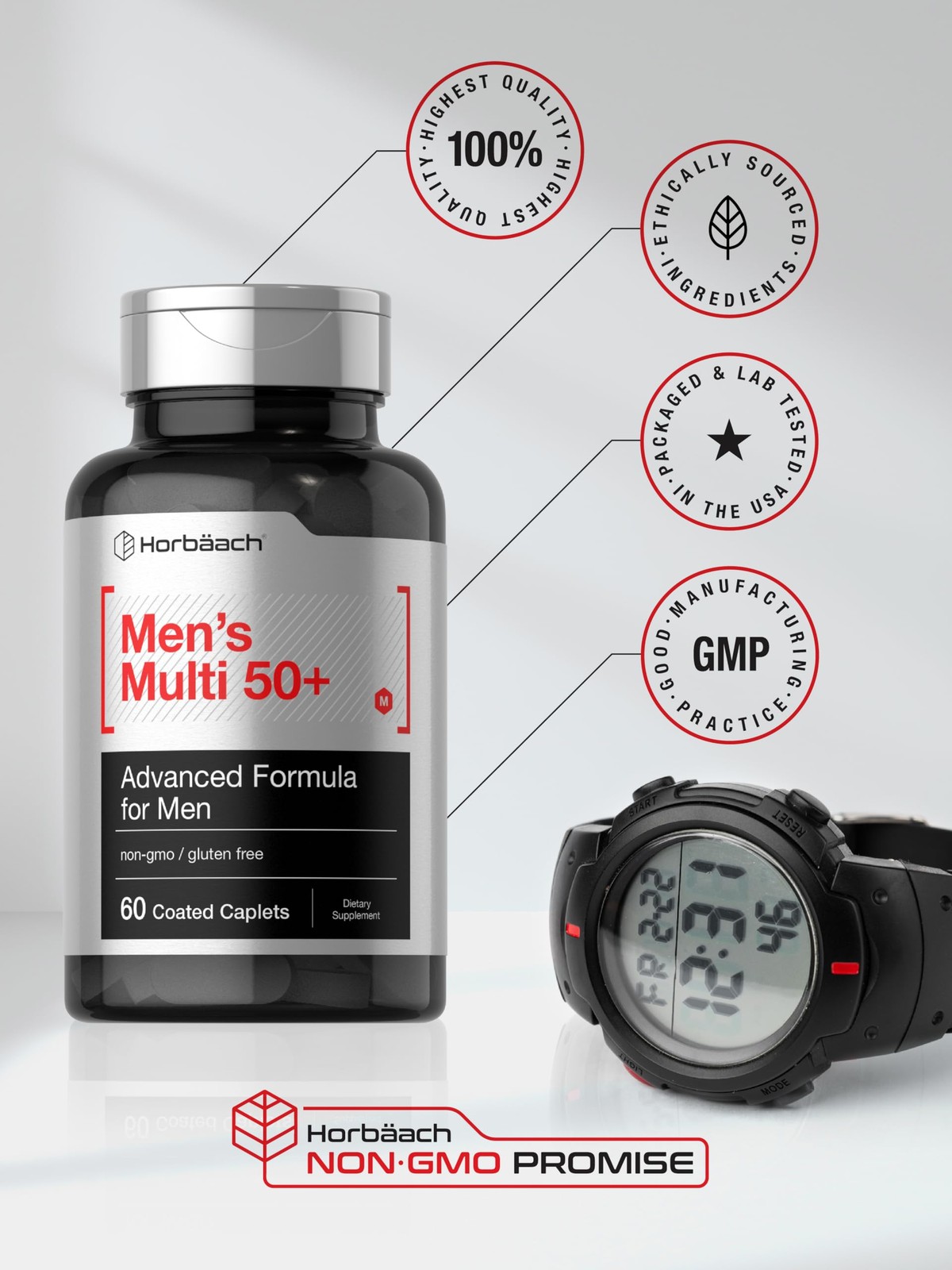 Horbäach Mens Multivitamins 50 Plus | 60 Caplets | with 60 Count (Pack of 1)