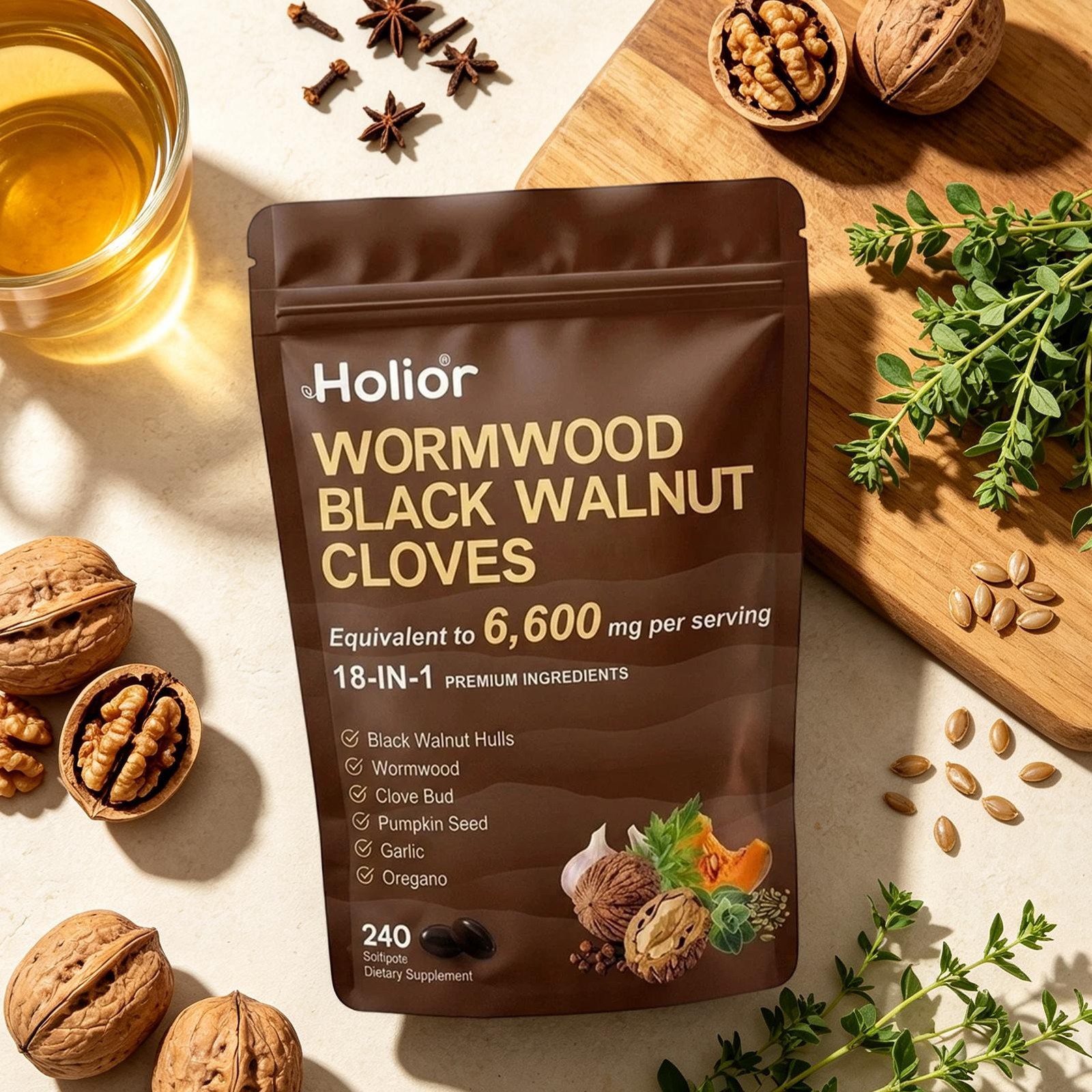 Holior Wormwood Black Walnut Clove Herbal Supplement 240 Softgels