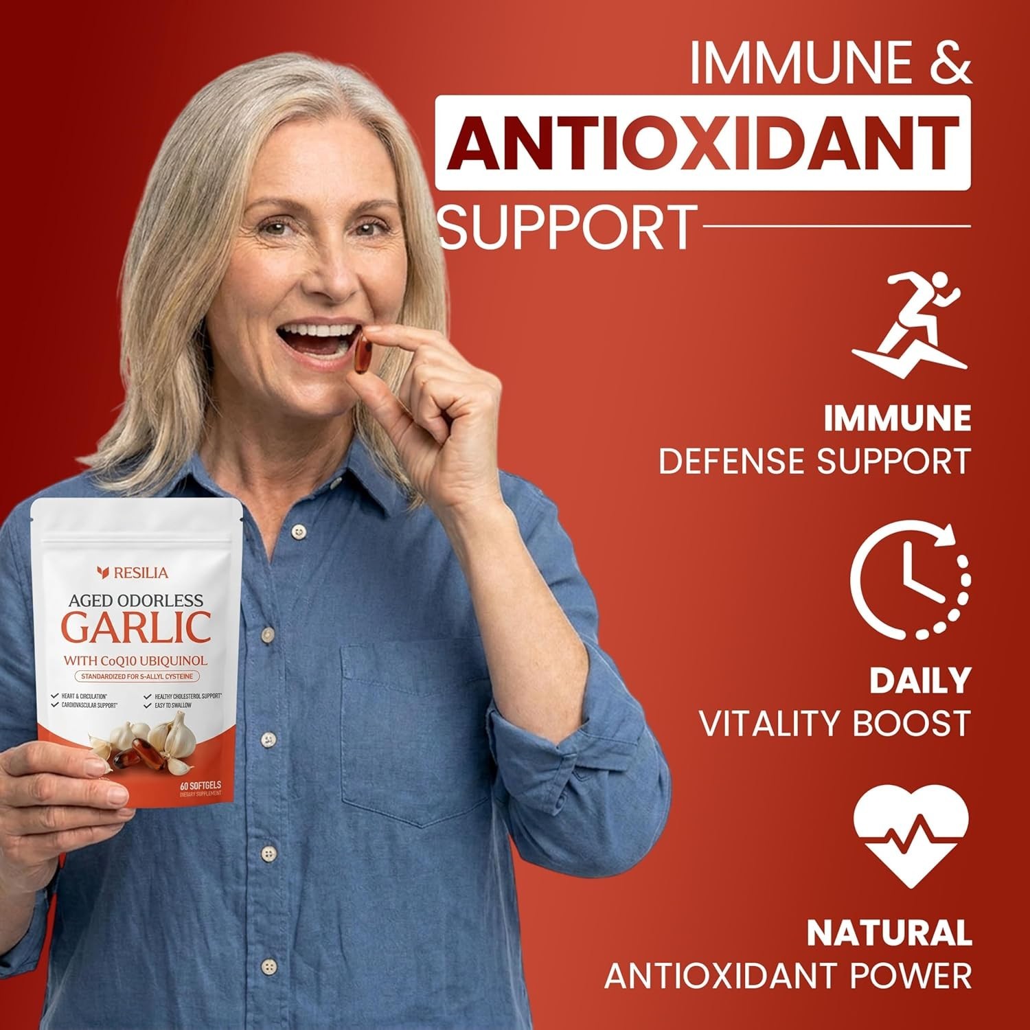Resilia Aged Garlic Extract 600mg + CoQ10 Ubiquinol – 60 Softgels – Heart Health