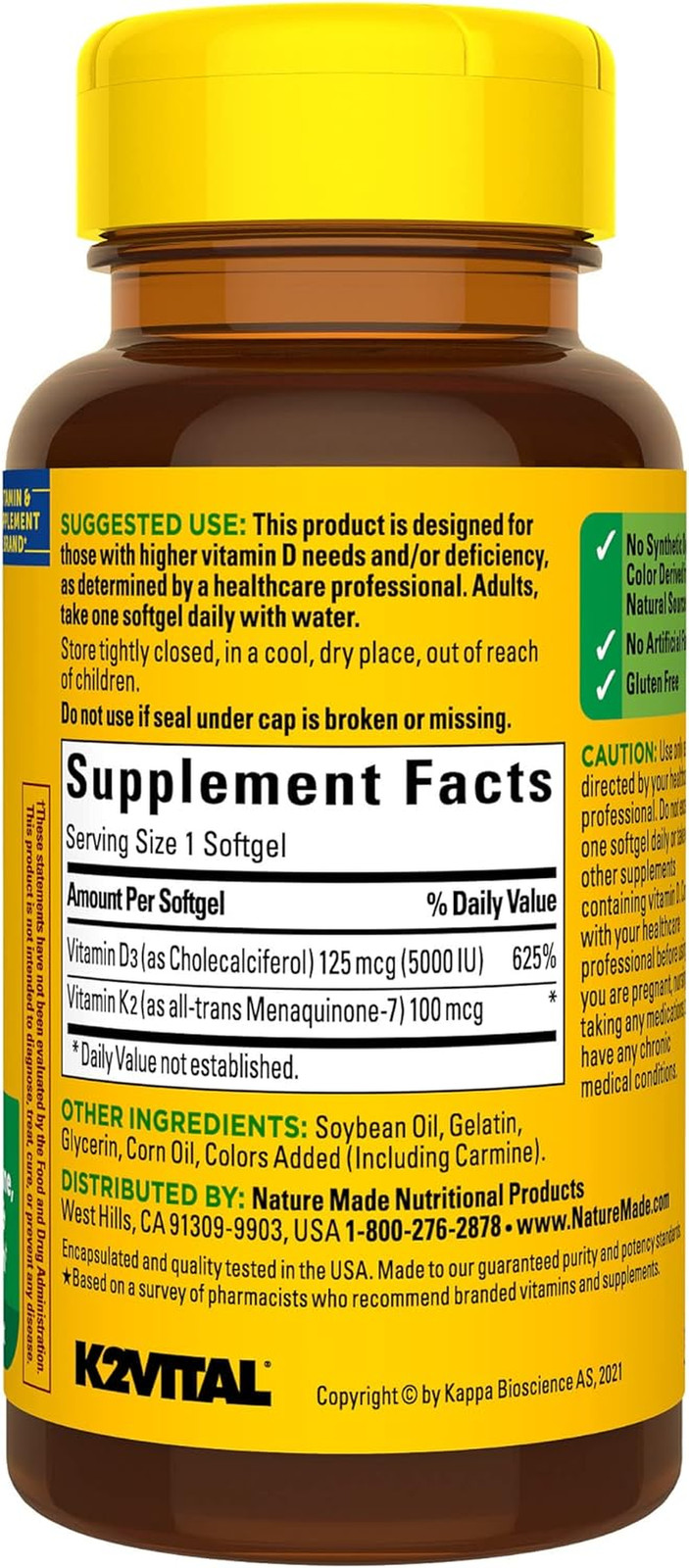 Nature Made Vitamin D3 K2, 5000 IU (125 mcg) Vitamin D, Dietary Supplement for B