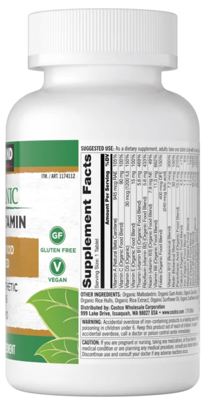 Kirkland Organic Multivitamin Whole Food Non GMO Vegan 80 Tablets