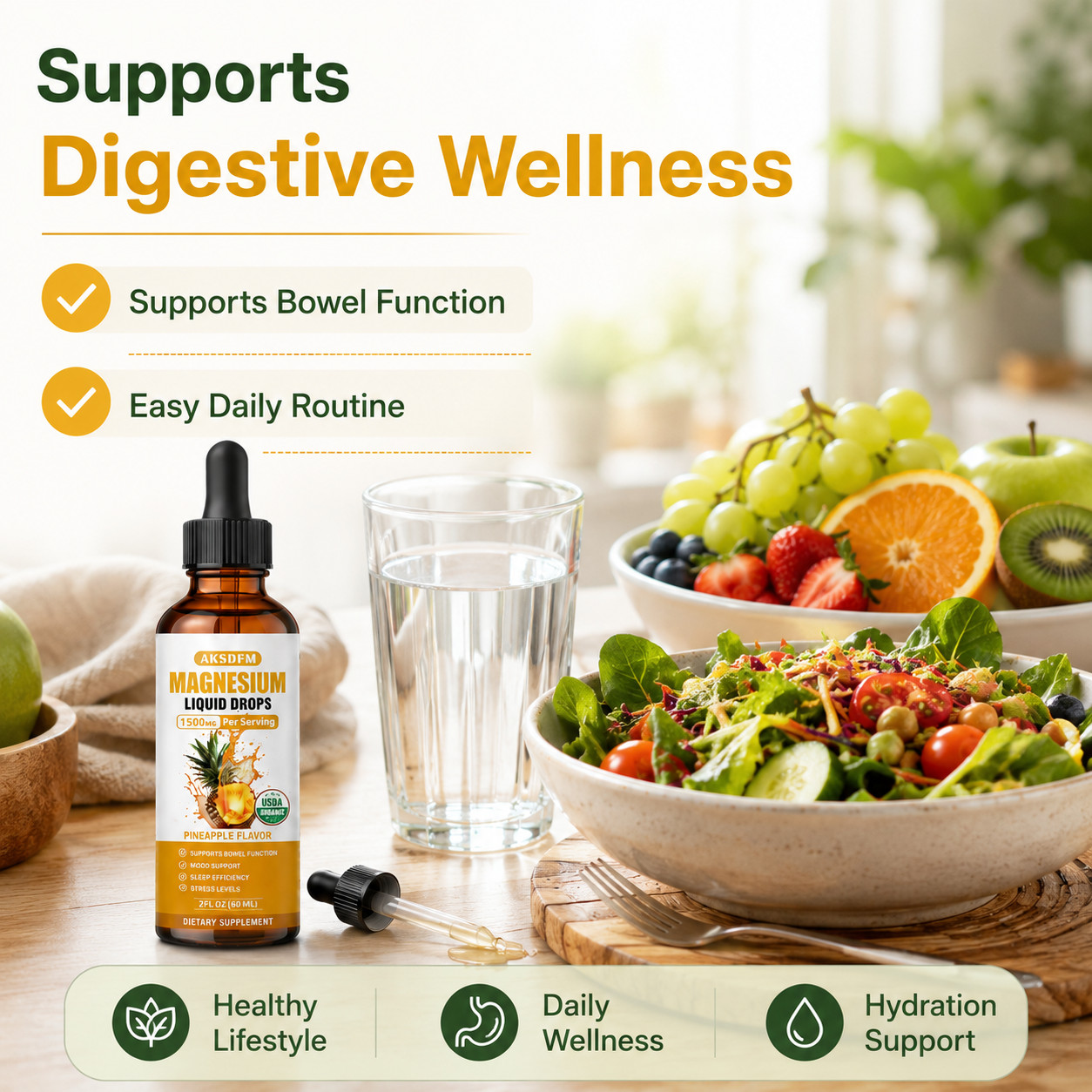 2 Pack Magnesium Liquid Drops 1500mg Pineapple Flavor 60ml Vegan Gluten Free