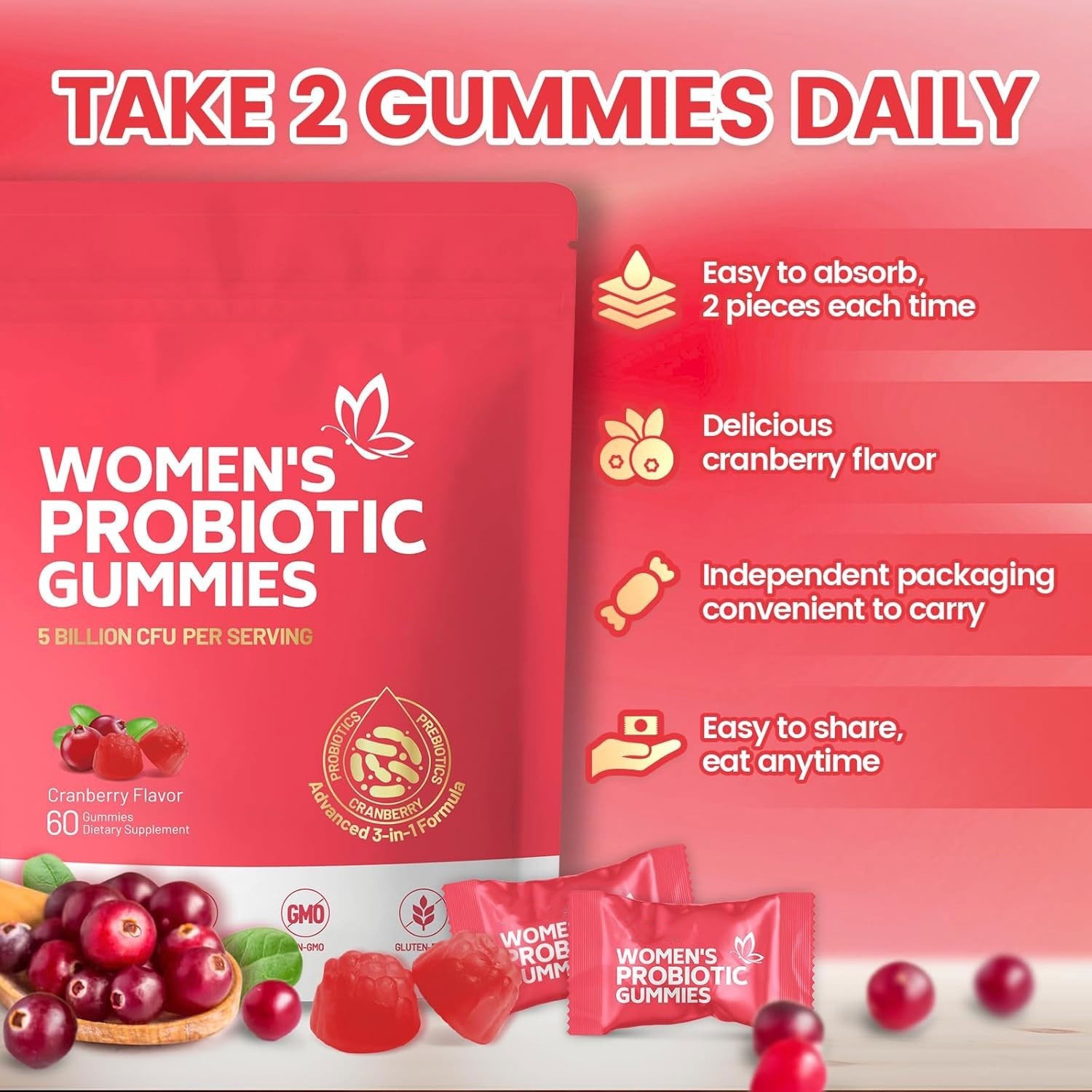 2PCS Vaginal Probiotic Health Gummies Women pH Balance Yeast Flora Cranberry
