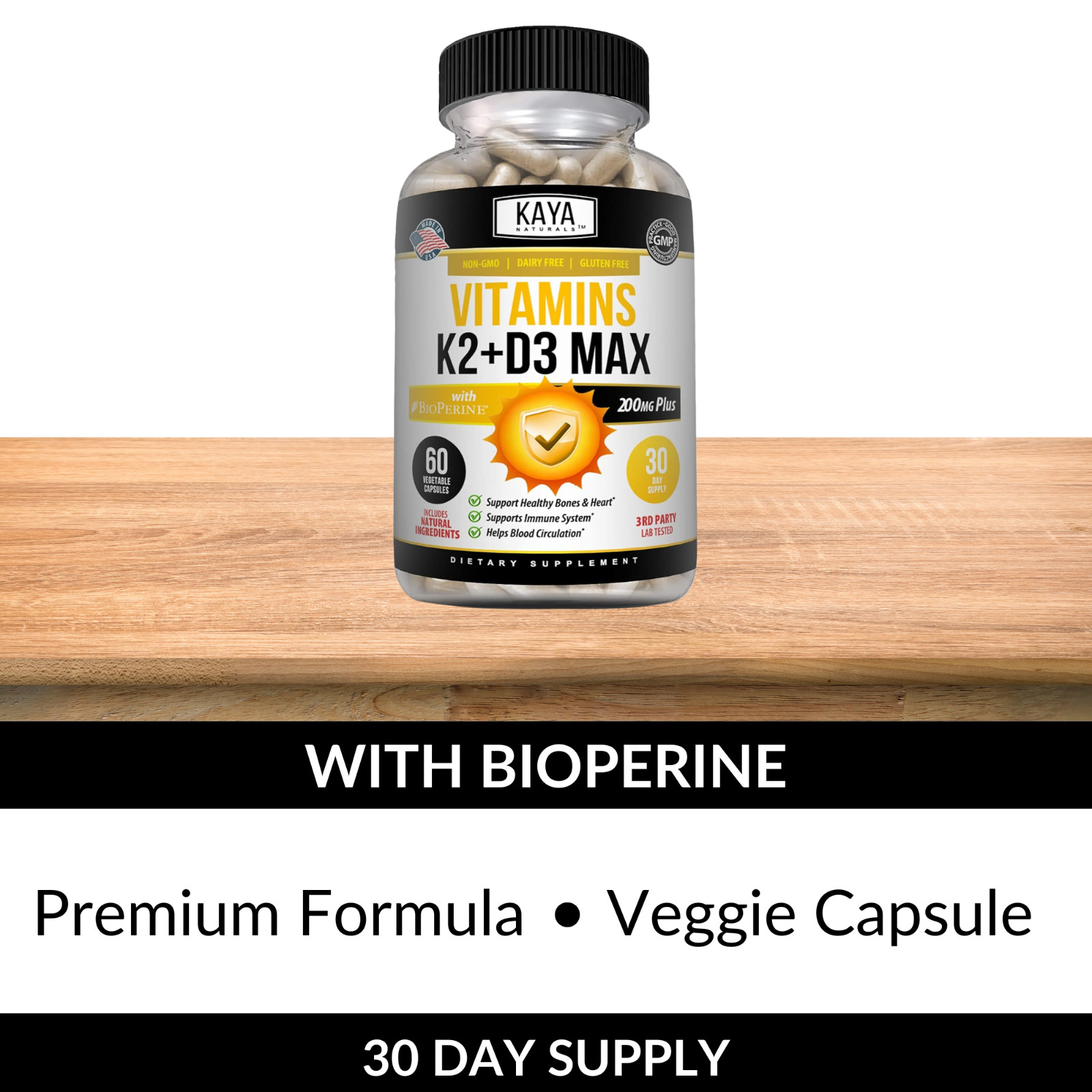 Vitamin K2 (MK7) with D3 5000 IU Supplement, BioPerine Capsules, Immune Health