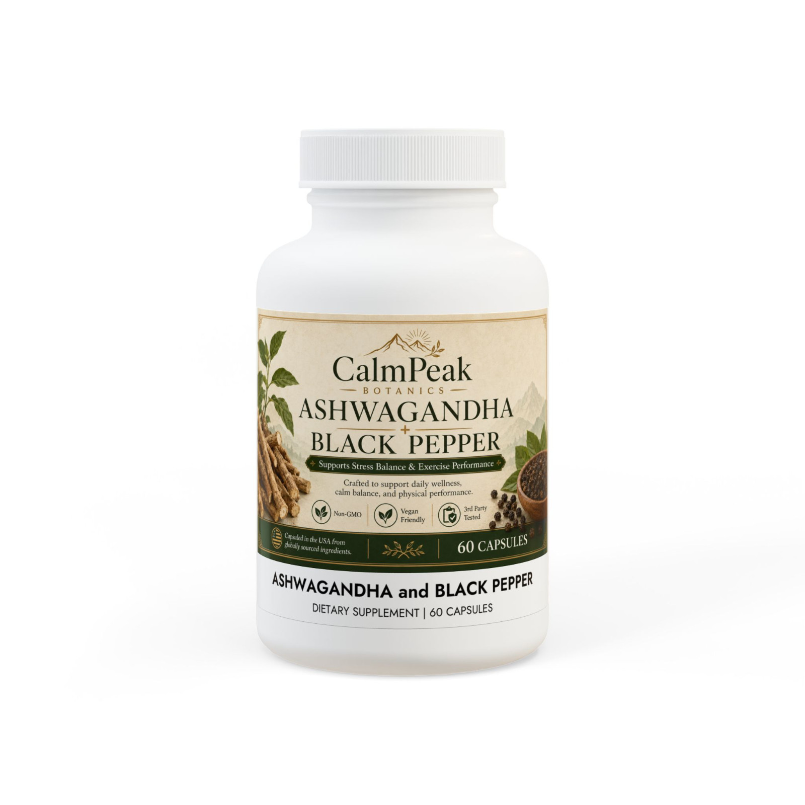 Ashwagandha Black Pepper 60 Capsules Stress Support Vegan Non-GMO Supplement
