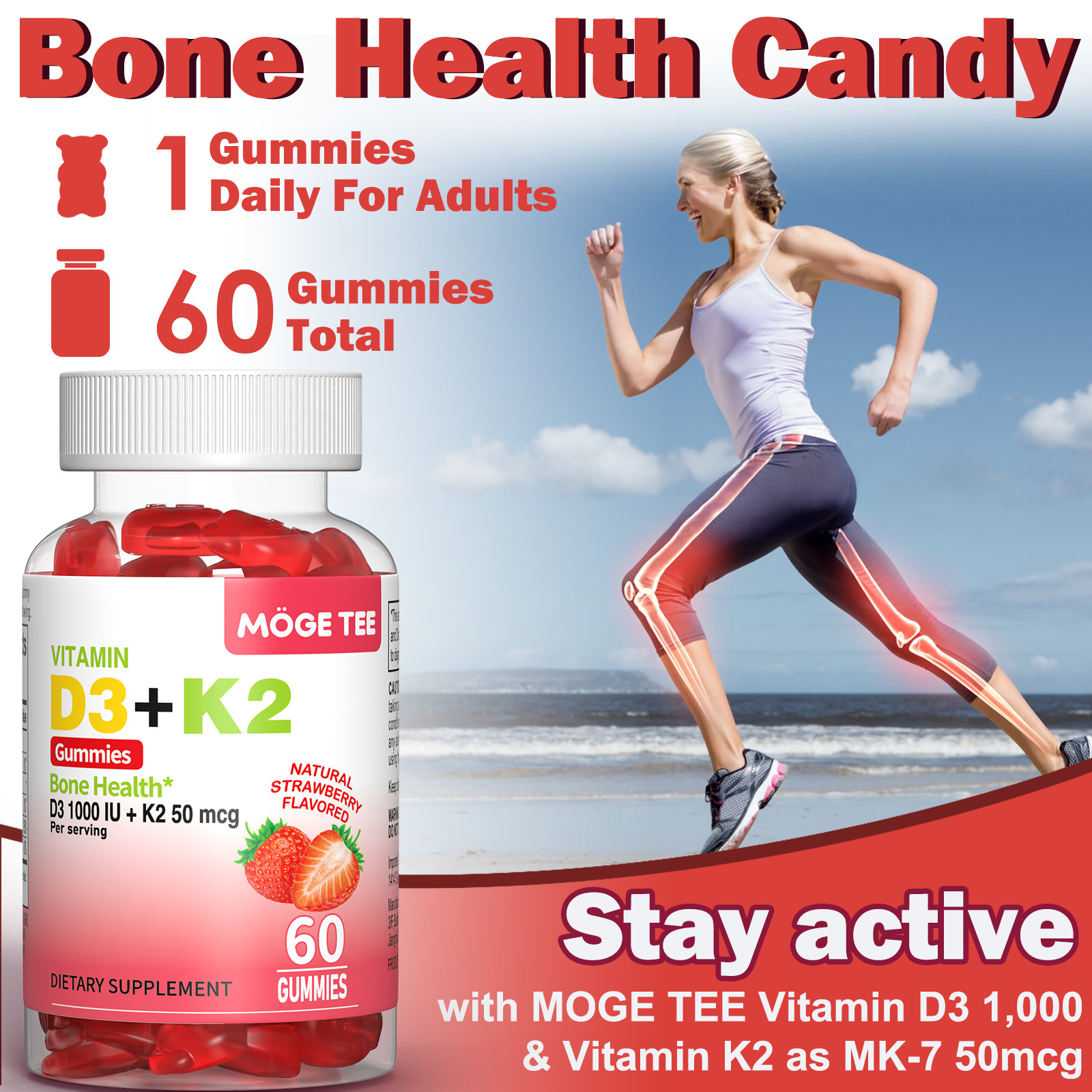Vitamin K2 D3 Gummies Bone Immune Support Non-GMO 60-240 Count Strawberry Flavor