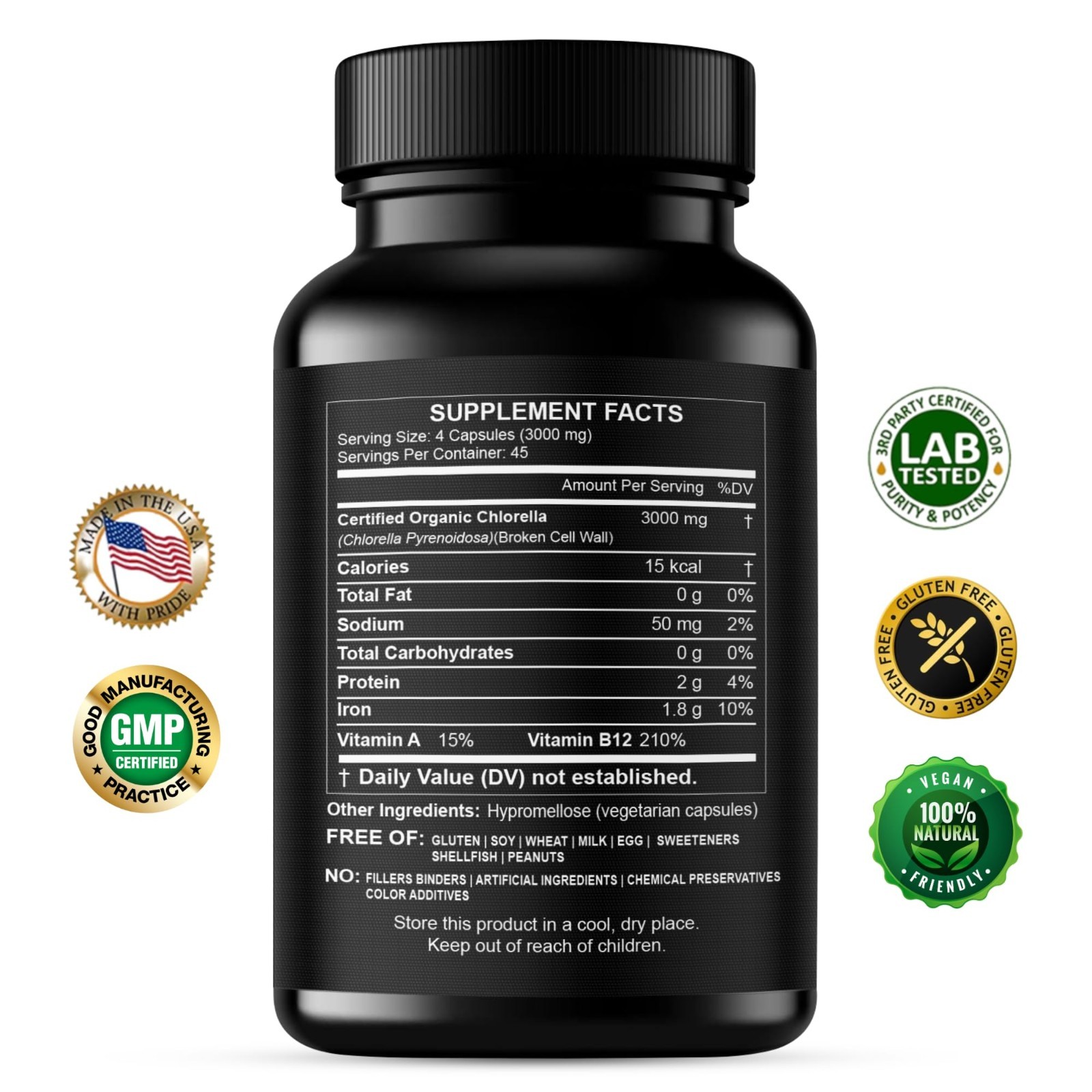 3000mg Chlorella Capsules – Cracked Cell Wall Blue Green Algae Detox Supplement,
