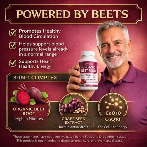 Beravia Organic Beet Root Capsules, Purely Natural, Non-GMO 60-Counts