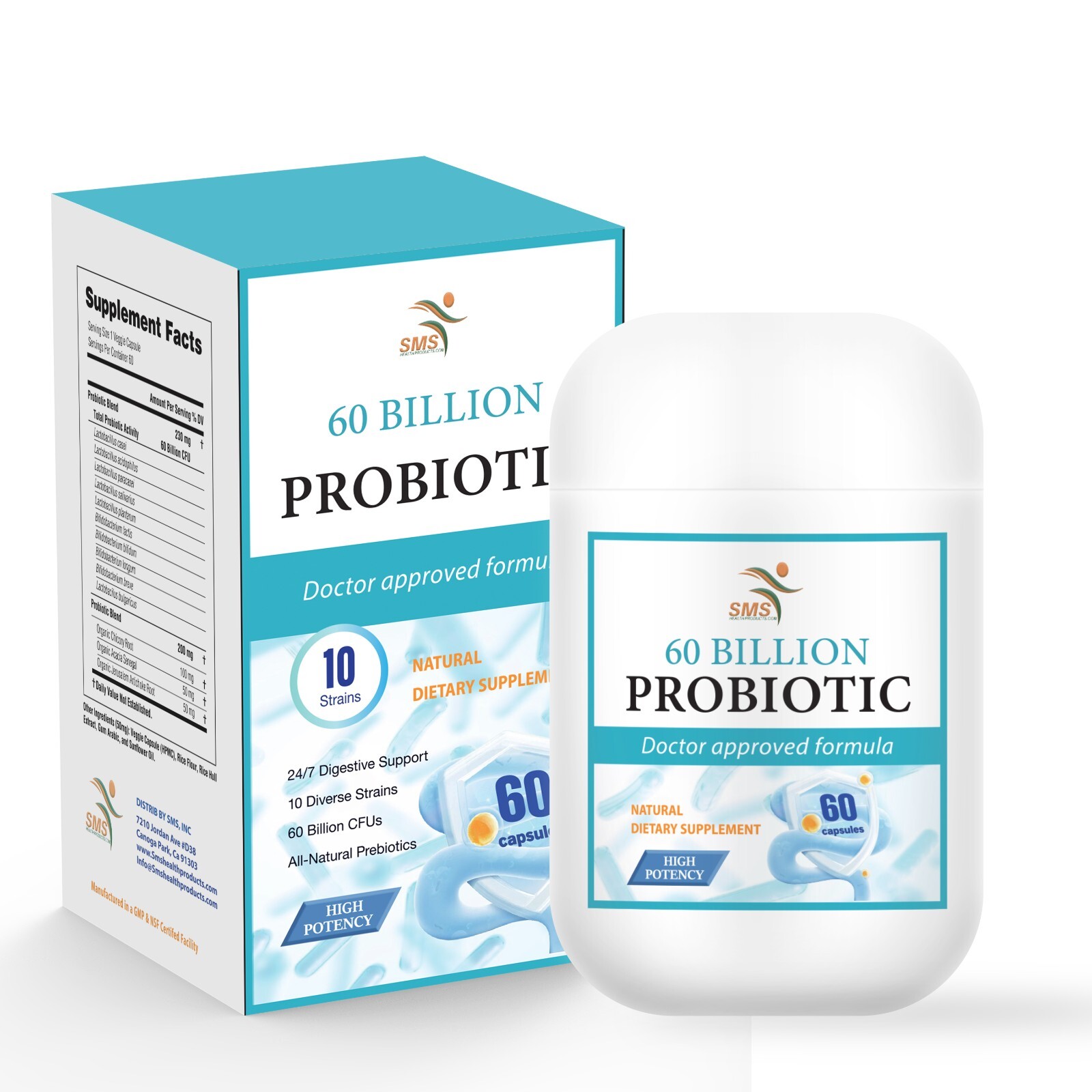 60 Billion Probiotic 60 Capsules Prebiotics Blend Support Gut & Digestive Health