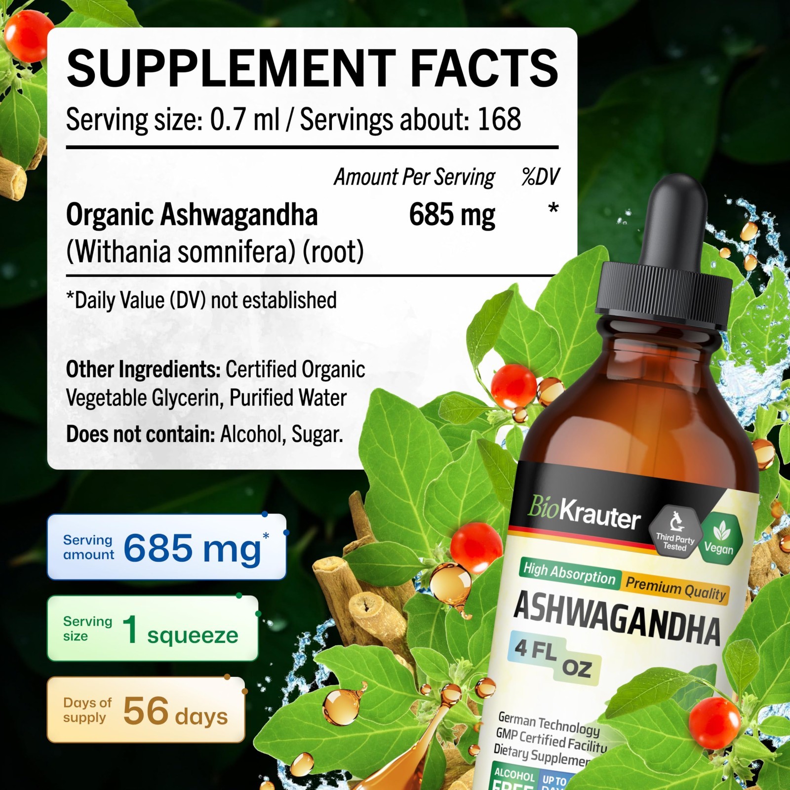 Vegan Ashwagandha Liquid Drops – 685mg, 4 Fl Oz, Mood & Relaxation Support, 56-D