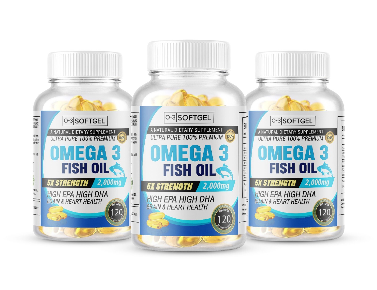 Omega 3 Fish Oil Softgels 3x Strength 2400mg EPA & DHA Highest Potency 3 Bottle