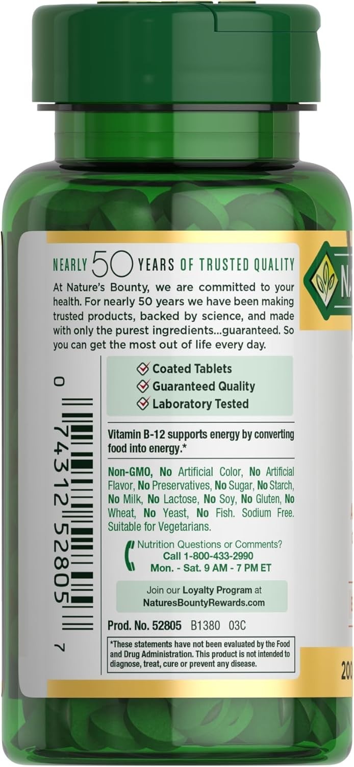 Nature’s Bounty Vitamin B12 1000 mcg 200 Tablets Energy Metabolism Supplement