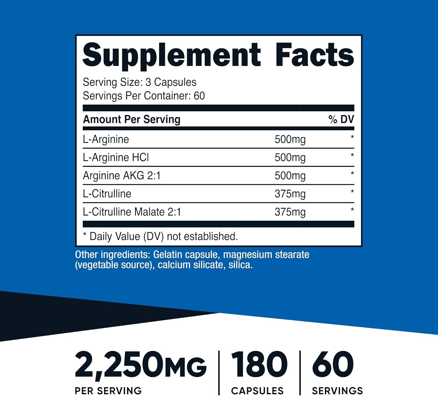 Nitric Oxide Booster 2250mg, 180 Capsules – 750mg Per Capsule, 60 Servi