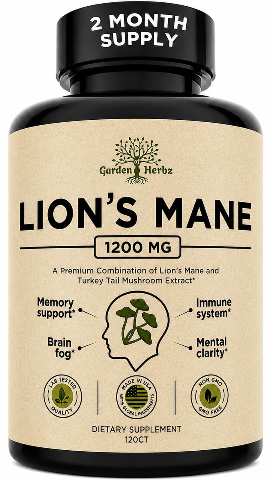 Lion’s Mane Mushroom Supplement Capsules with Turkey Tail for Memory & Focus …