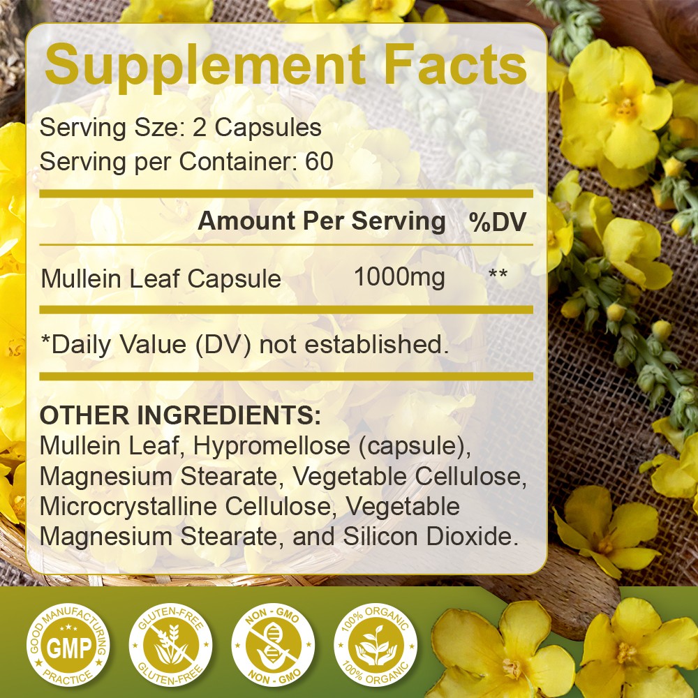 Mullein Leaf Capsules Extra Strength Support Respiratory Health Lung Detox 120Pc