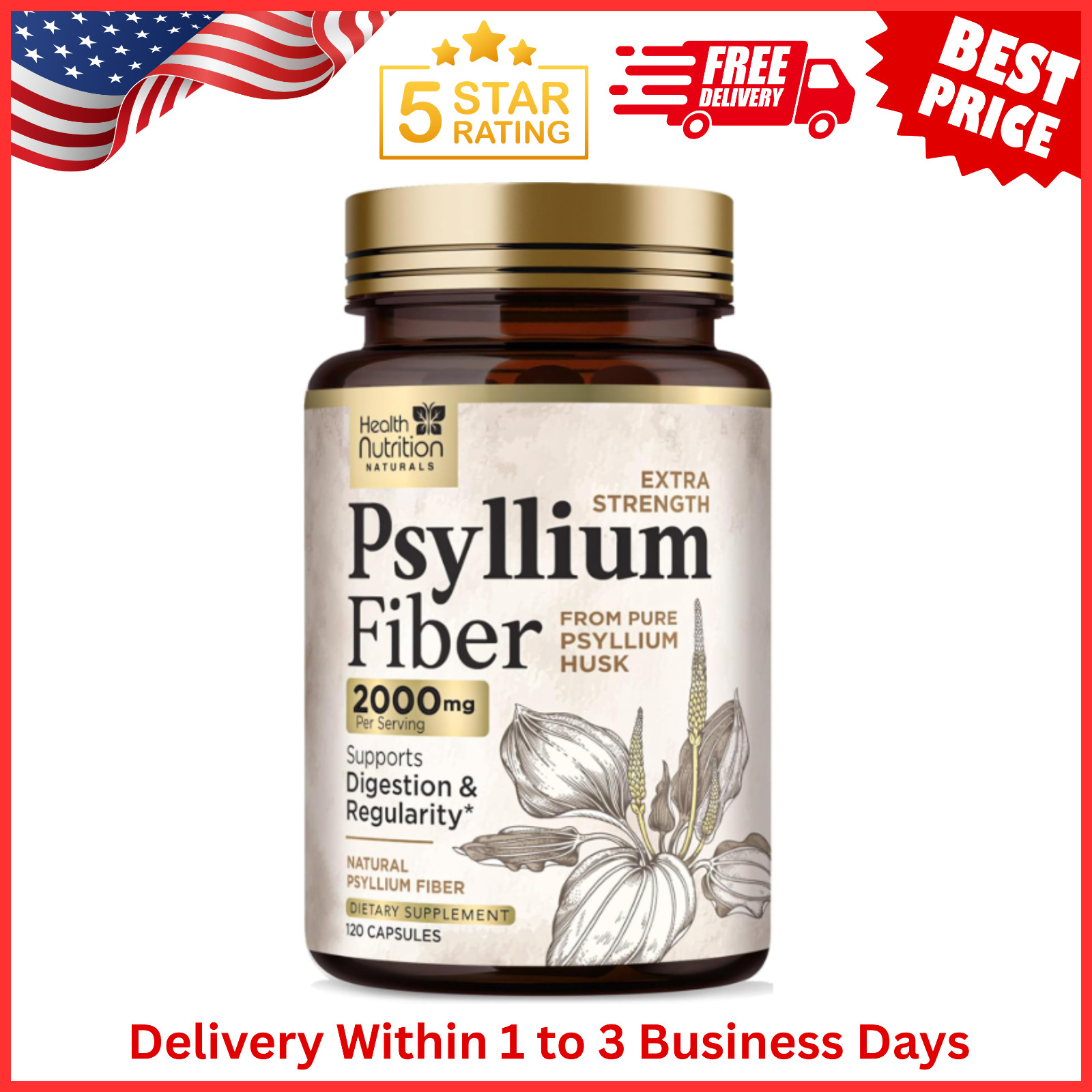 High Absorption Psyllium Husk Capsules 2000mg Daily Fiber Supplement, Psyllium..