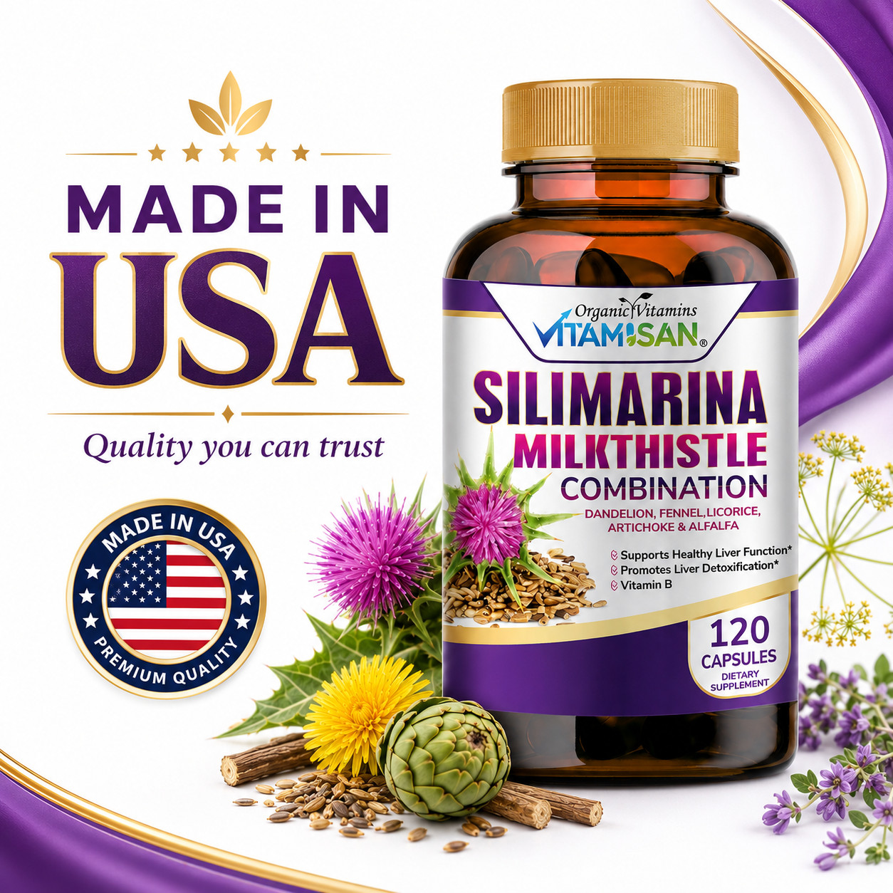 Organic Vitamins Milk Thistle Strenght 120 Caps Silymarin complex with B