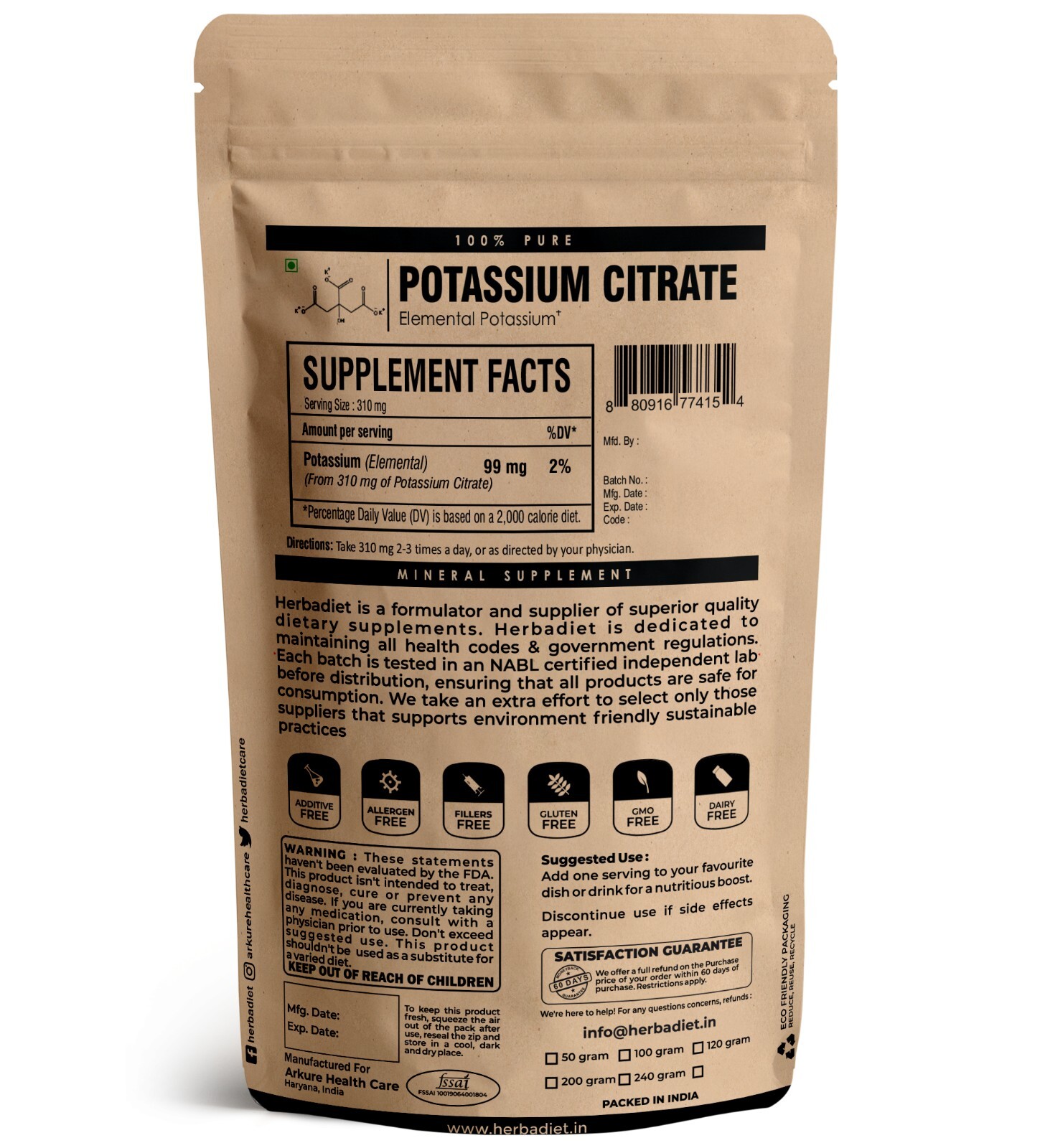Potassium Citrate Powder – Essential Potassium – Unflavored – 310mg per serving