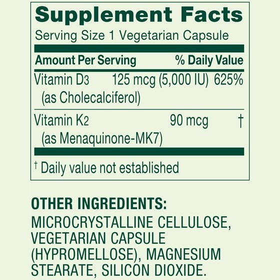 Spring Valley Vitamin K2 90 Mcg + D3 125 Mcg Vegetarian Capsules, 90 Count