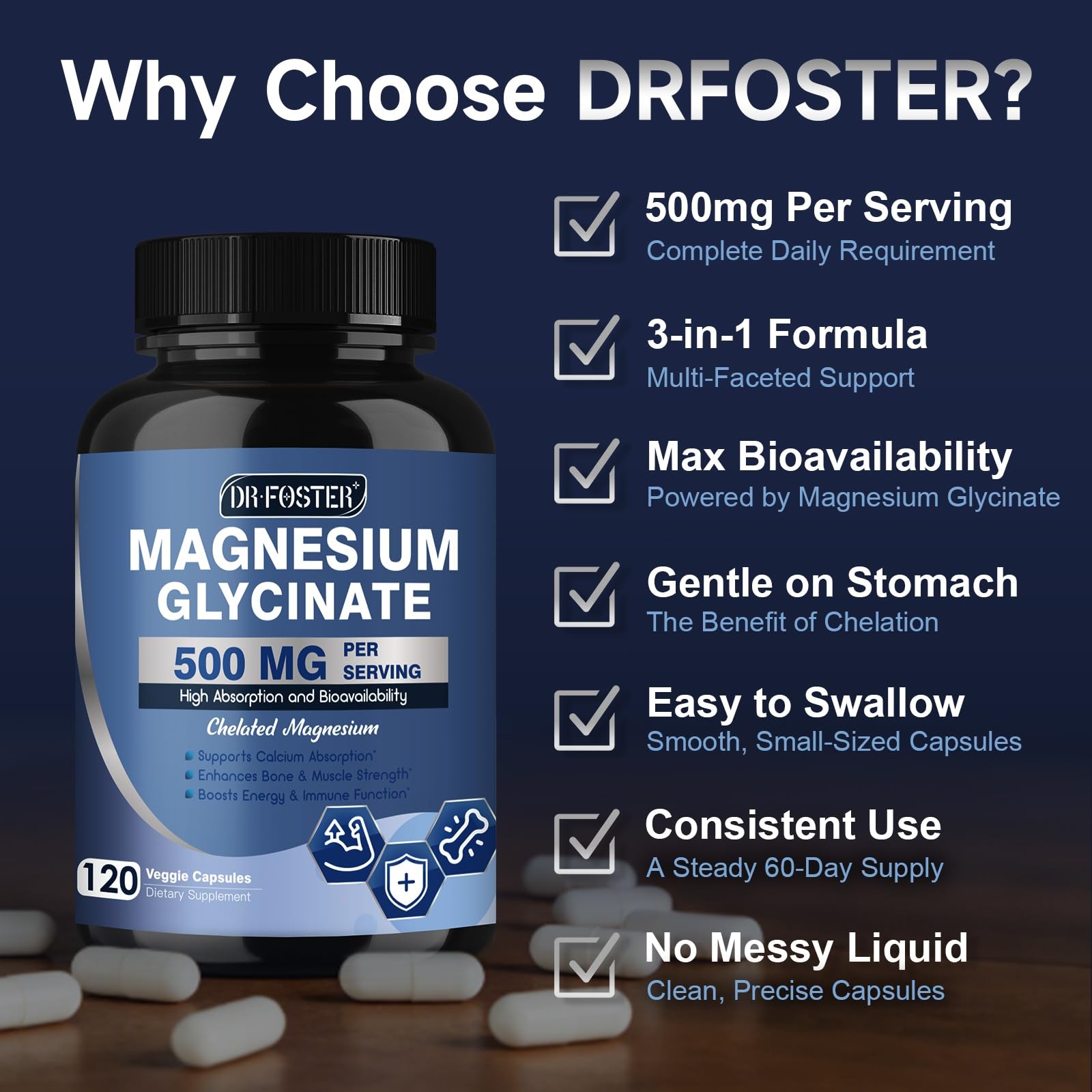 DRFOSTER Magnesium Glycinate 500mg with Zinc & Vitamin 120 Count (Pack of 1)