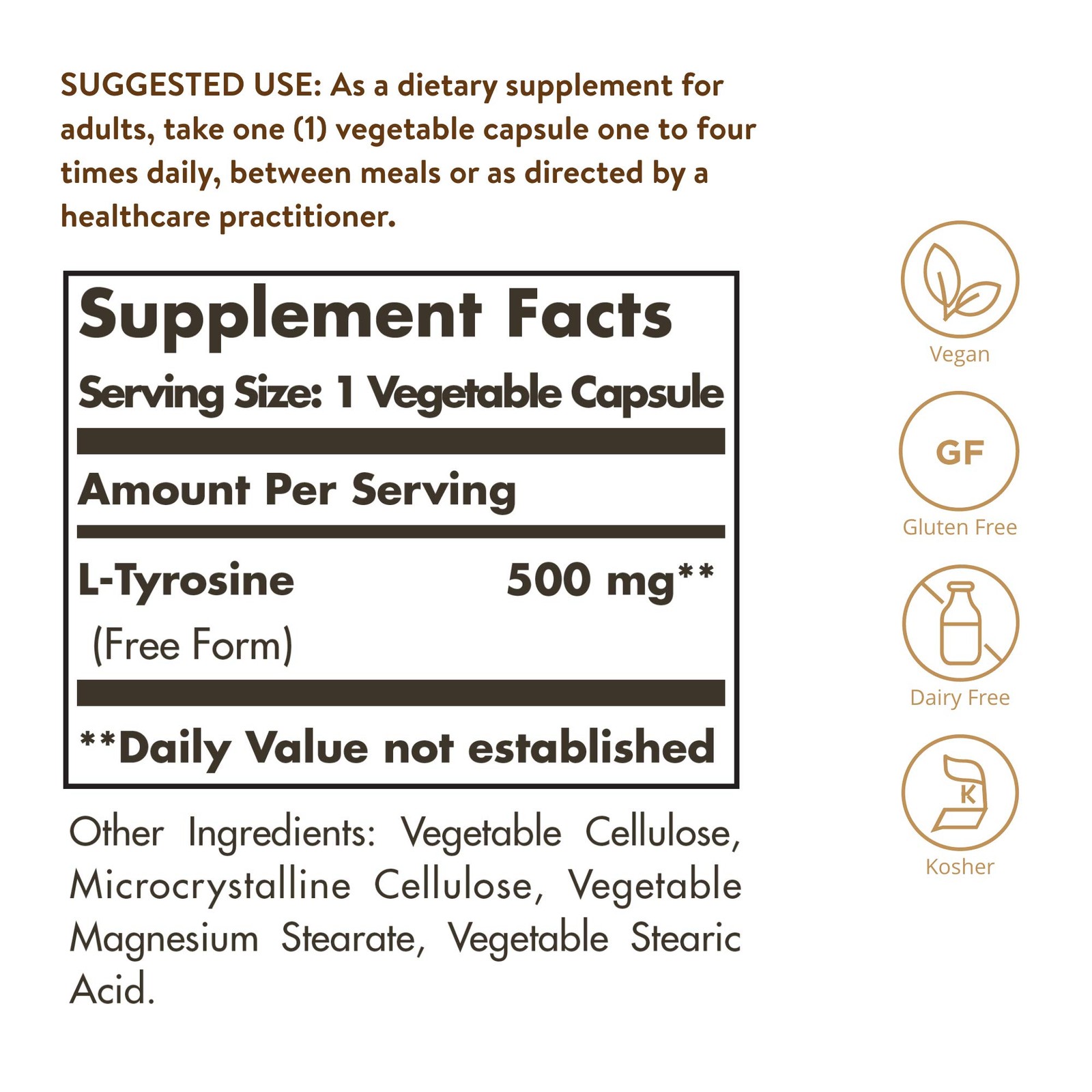 Solgar L-Tyrosine 500 mg, 100 100 Count (Pack of 1), Standard Packaging