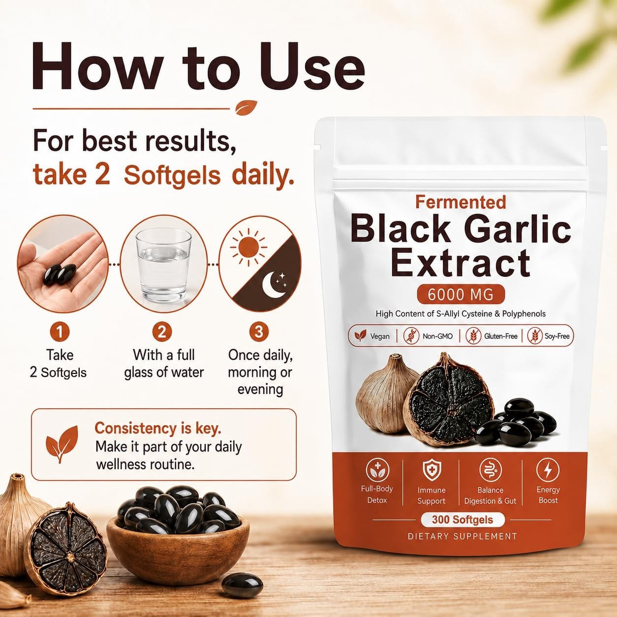 Natural Fermented Black Garlic Extract – Odorless Aged Garlic, 300 Softgels, Imm